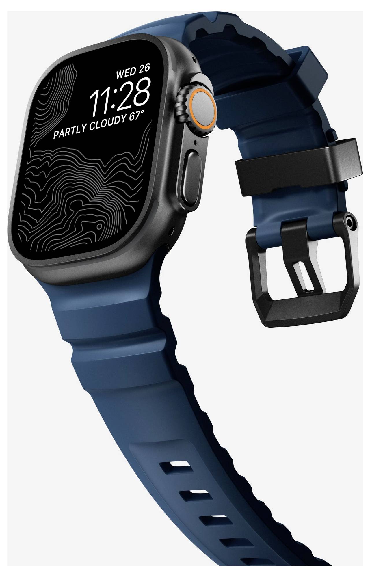 Blaue Smartwatch mit schwarzem Zifferblatt, das "WED 26 11:28" und "PARTLY CLOUDY 67°" anzeigt, in einem Winkel positioniert, um ihr Armband und die Schnalle zu zeigen.