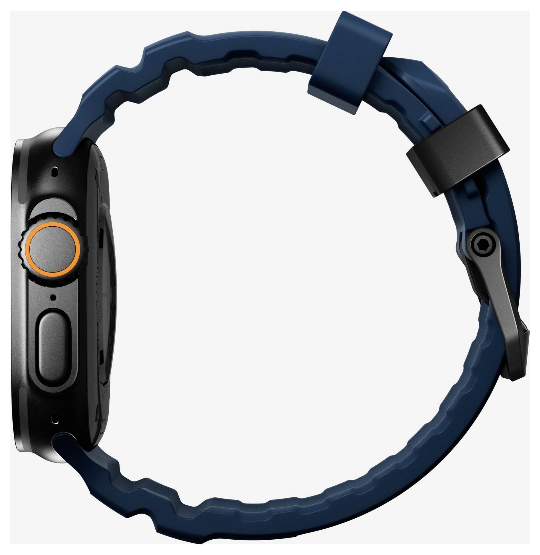 Blaue Smartwatch mit schwarzem Gehäuse und Seitenschaltfläche, in Profilansicht auf weißem Hintergrund dargestellt.