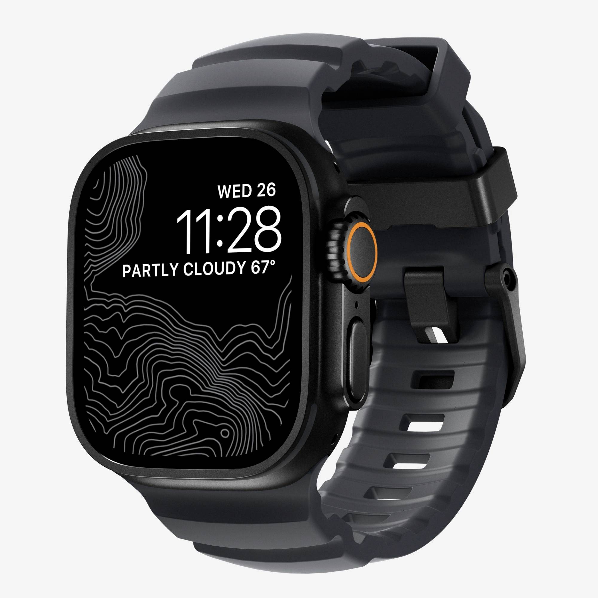 Schwarze Smartwatch mit quadratischem Display, das 11:28, Mi 26 und „Teilweise bewölkt 67°