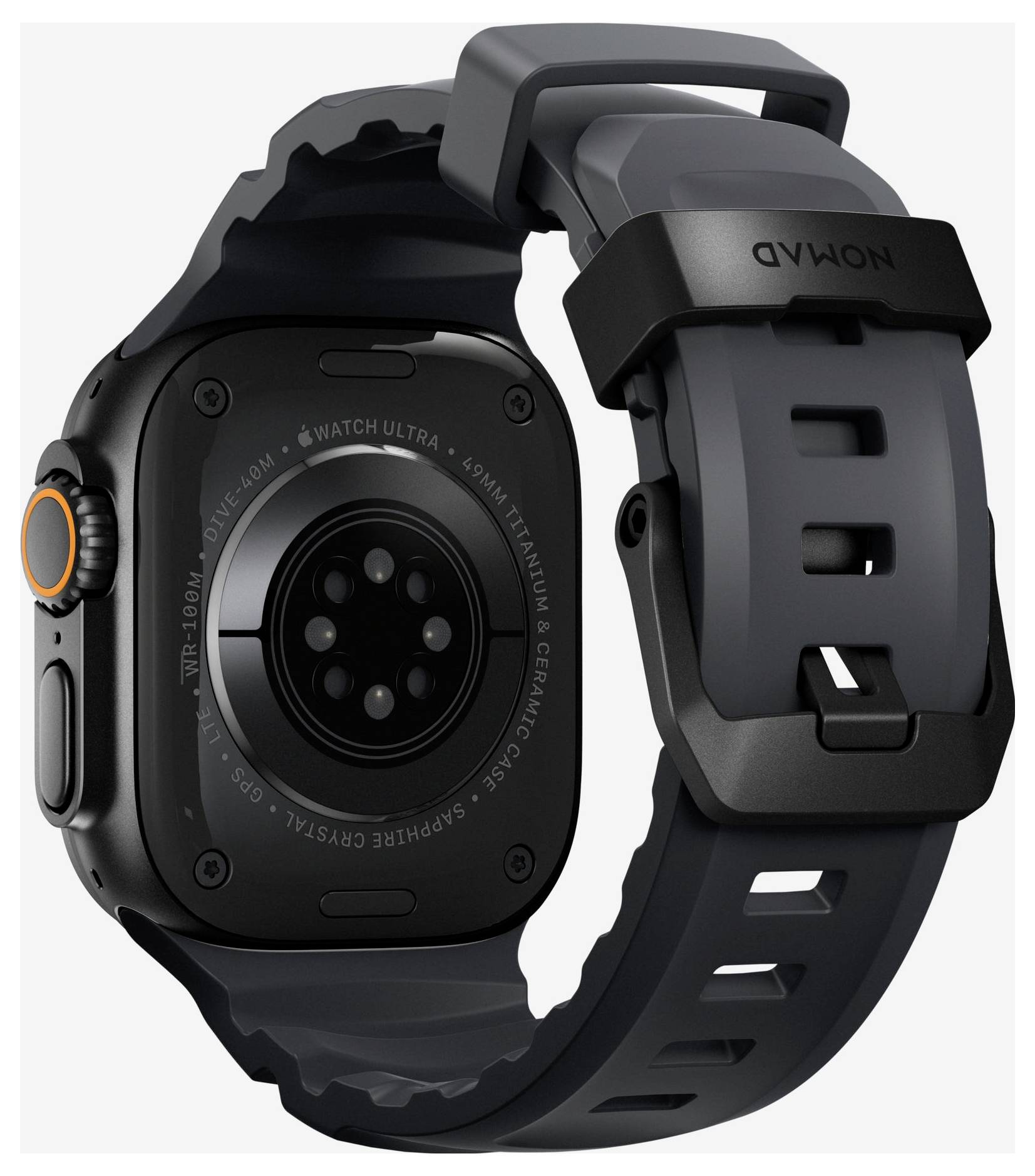 Schwarze Smartwatch von hinten gezeigt, die das runde Sensorarray und das robuste Armband mit orangefarbener Krone in den Mittelpunkt rückt.