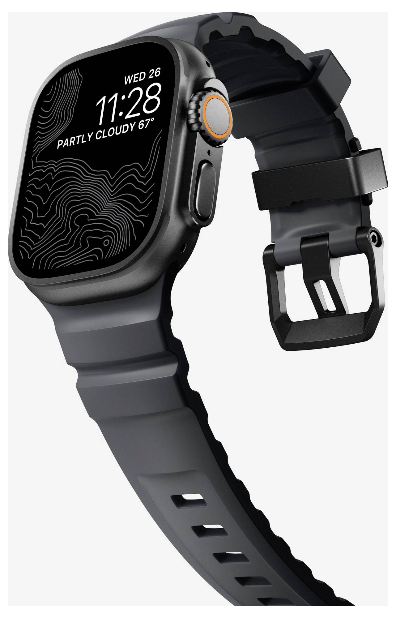 Black Apple Watch Ultra mit robustem Gehäuse, orange Krone mit Akzent und schwarzem Sportarmband zeigt 11:28 Uhr an, Mittwoch 26, teilweise bewölkt 67°
