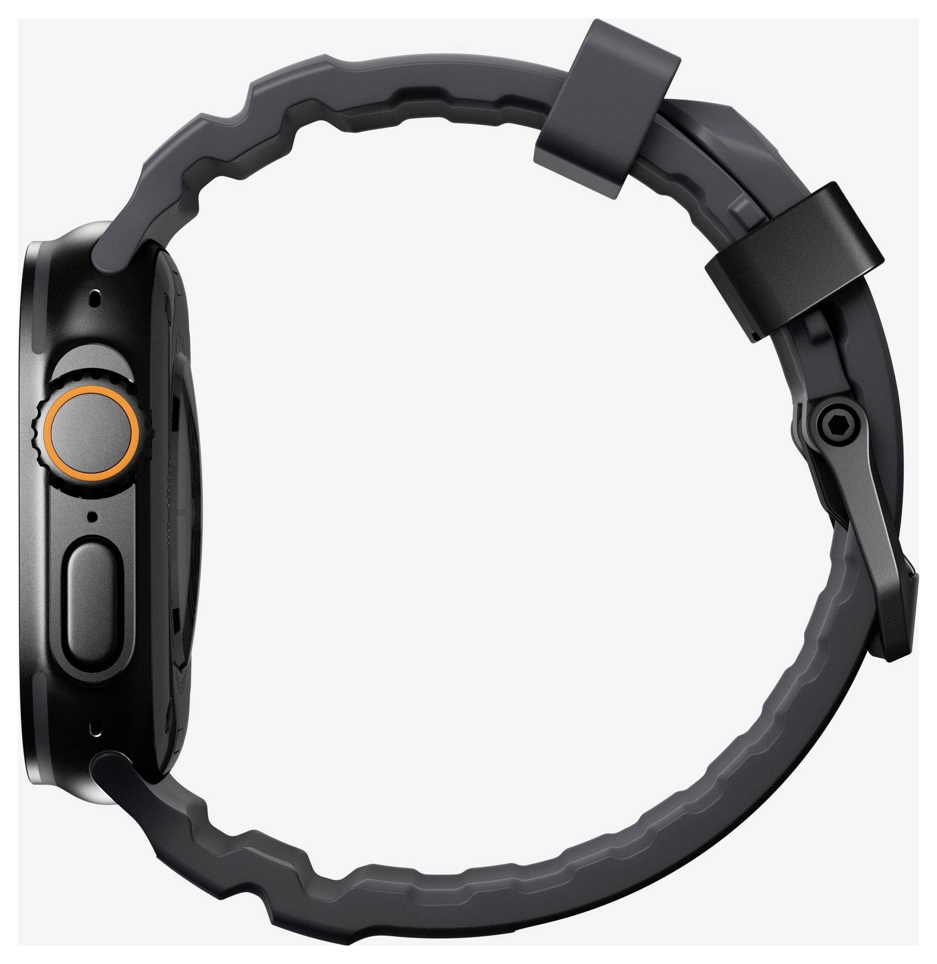Schwarze Smartwatch in Seitenansicht mit kreisförmigem Armband und orangefarbenem Seitentasten-Highlight auf weißem Hintergrund.