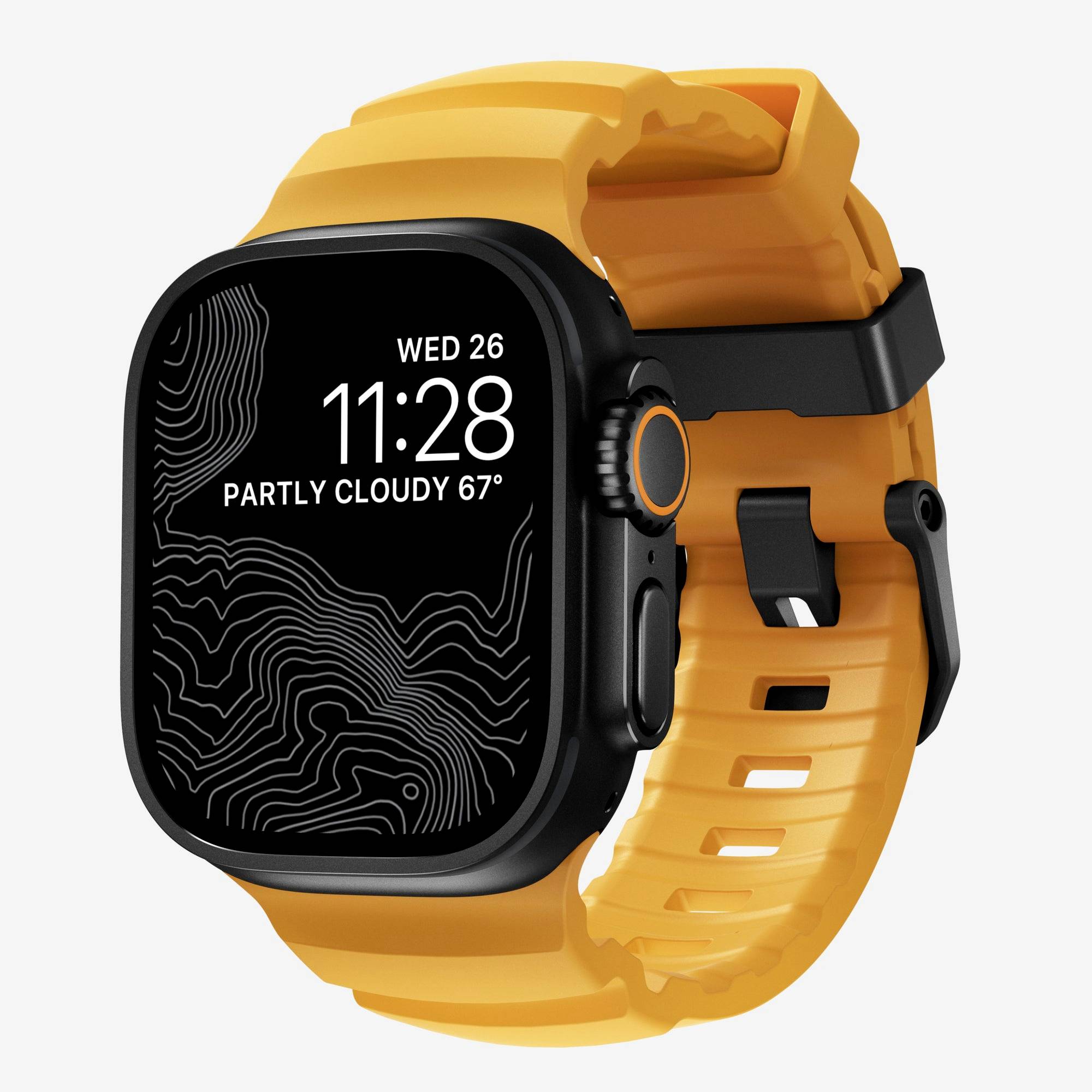 Orange-Smartwatch mit schwarzem Zifferblatt zeigt 11:28, Mi 26 und 