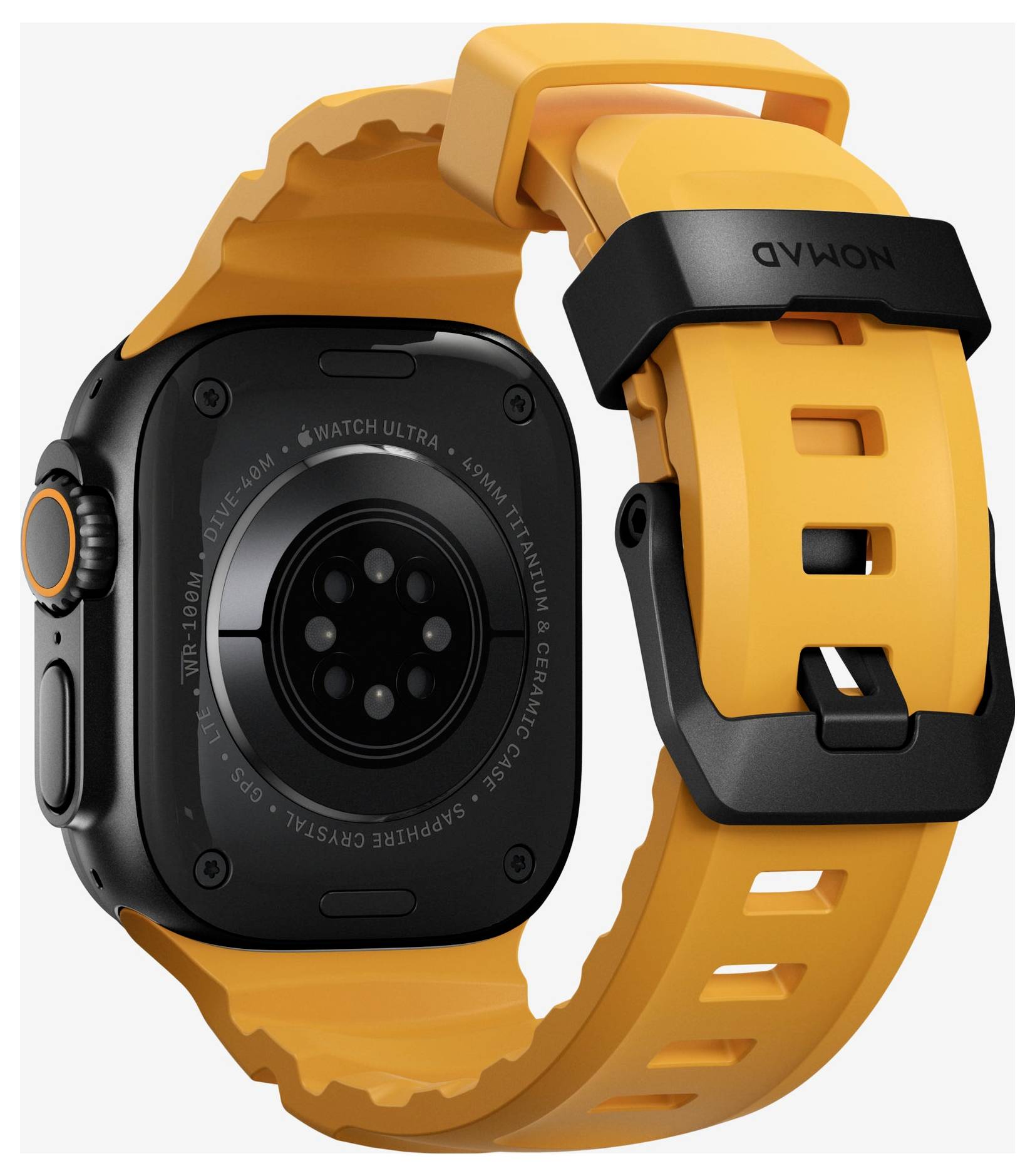 Orange-schwarze Apple Watch Ultra von hinten gezeigt, mit Hervorhebung des robusten Gehäuses, des orangefarbenen Armbands und des kreisförmigen Sensorarrays.
