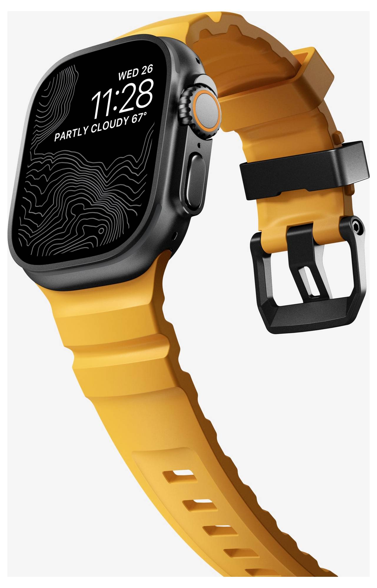Orange Smartwatch mit schwarzem Zifferblatt und passendem orangem Sportband, in schräger Ansicht mit digitaler Uhrzeit 11:28 und Wetterdaten auf dem Bildschirm.