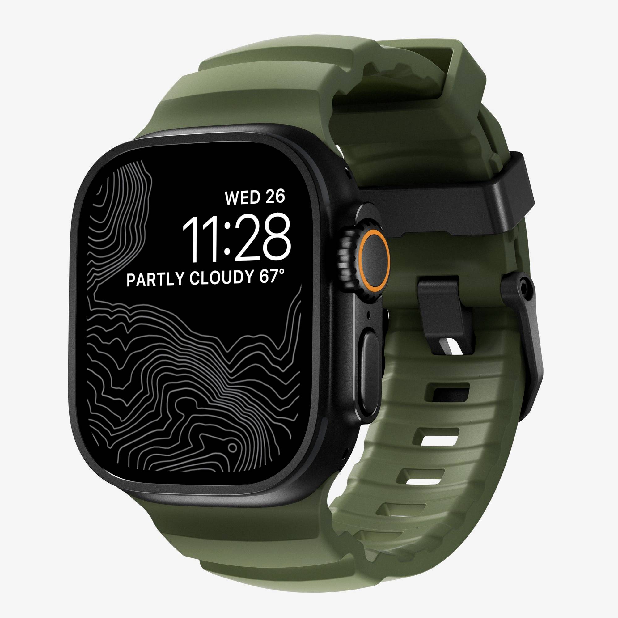 Grüne robuste Smartwatch mit schwarzem quadratischem Display, das 11:28 Uhr, WED 26 und „TEILWEISE BEWÖLKT 67°