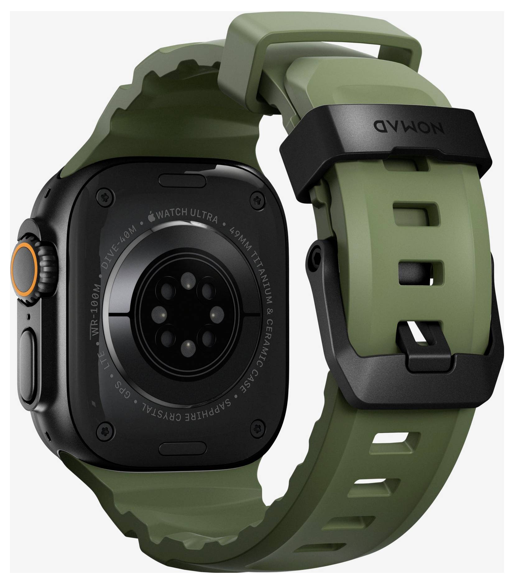 Apple Watch Ultra mit olivgrünem robustem Armband, die Rückseite und Seitenseite der Uhr zeigend, mit der orangefarbenen Digital Crown.