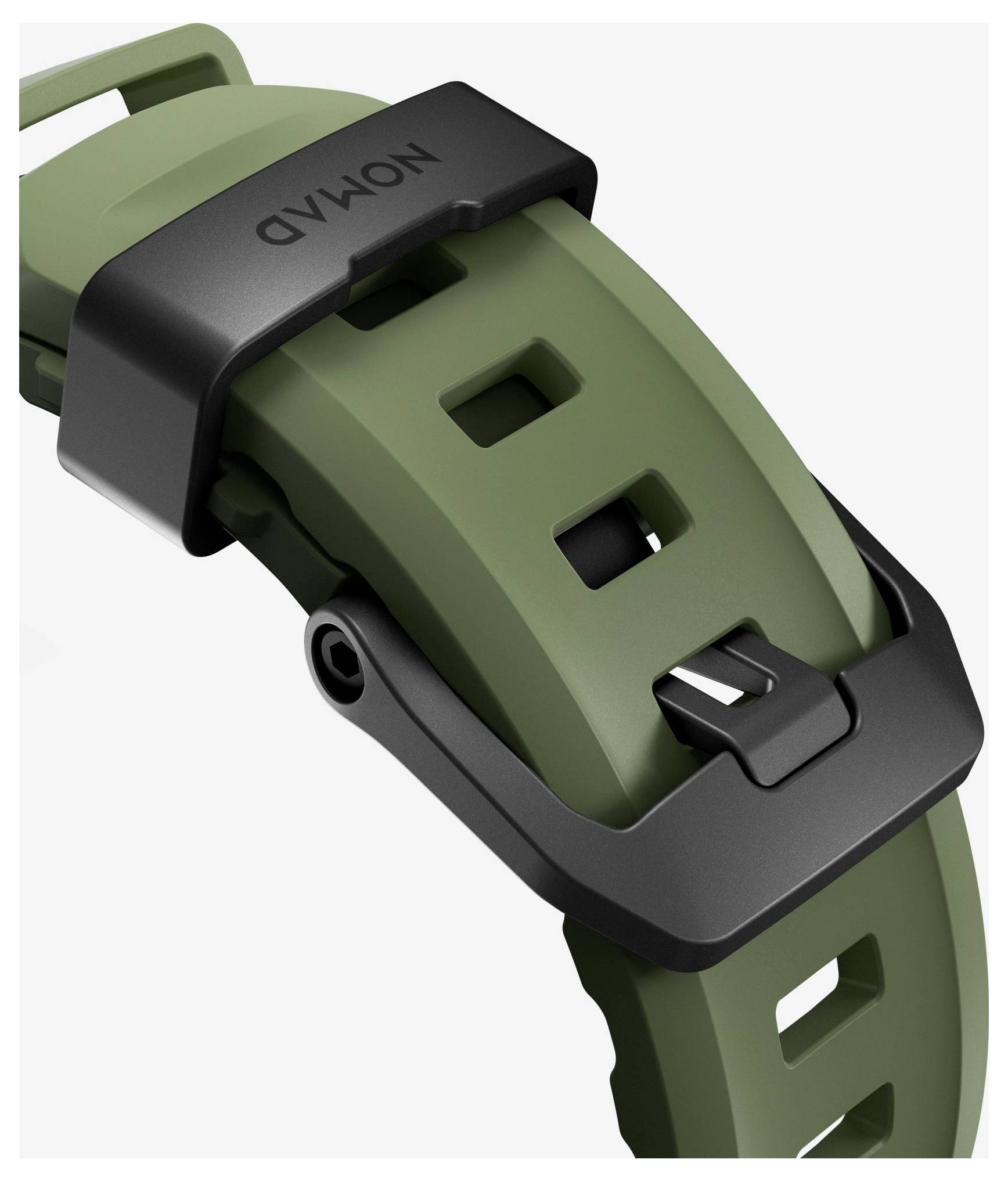 Nahaufnahme eines grünen Uhrenarmbands mit schwarzer Schließe und Haltewickel, die die Befestigungsbeschläge und Armbandlöcher zeigt.