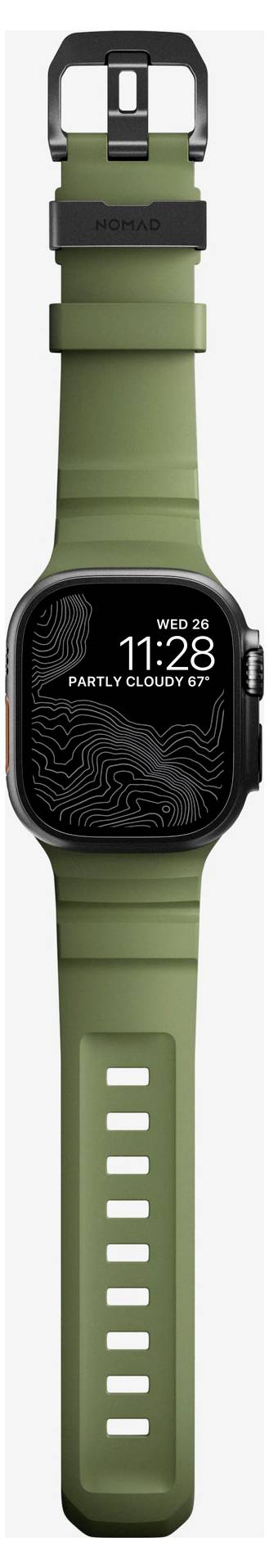 Grüne Garmin-Smartwatch mit schwarzem Zifferblatt, das Mittwoch 11:28 und teilweise bewölktes Wetter anzeigt, auf einem olivfarbenen Armband.