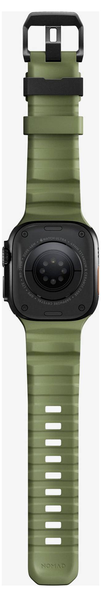 Vorderansicht eines grünen tragbaren Geräts am Handgelenk oder einer Smartwatch mit quadratischem schwarzem Zifferblatt, schwarzer Riemenschlaufe und weißen Verstelllöchern.