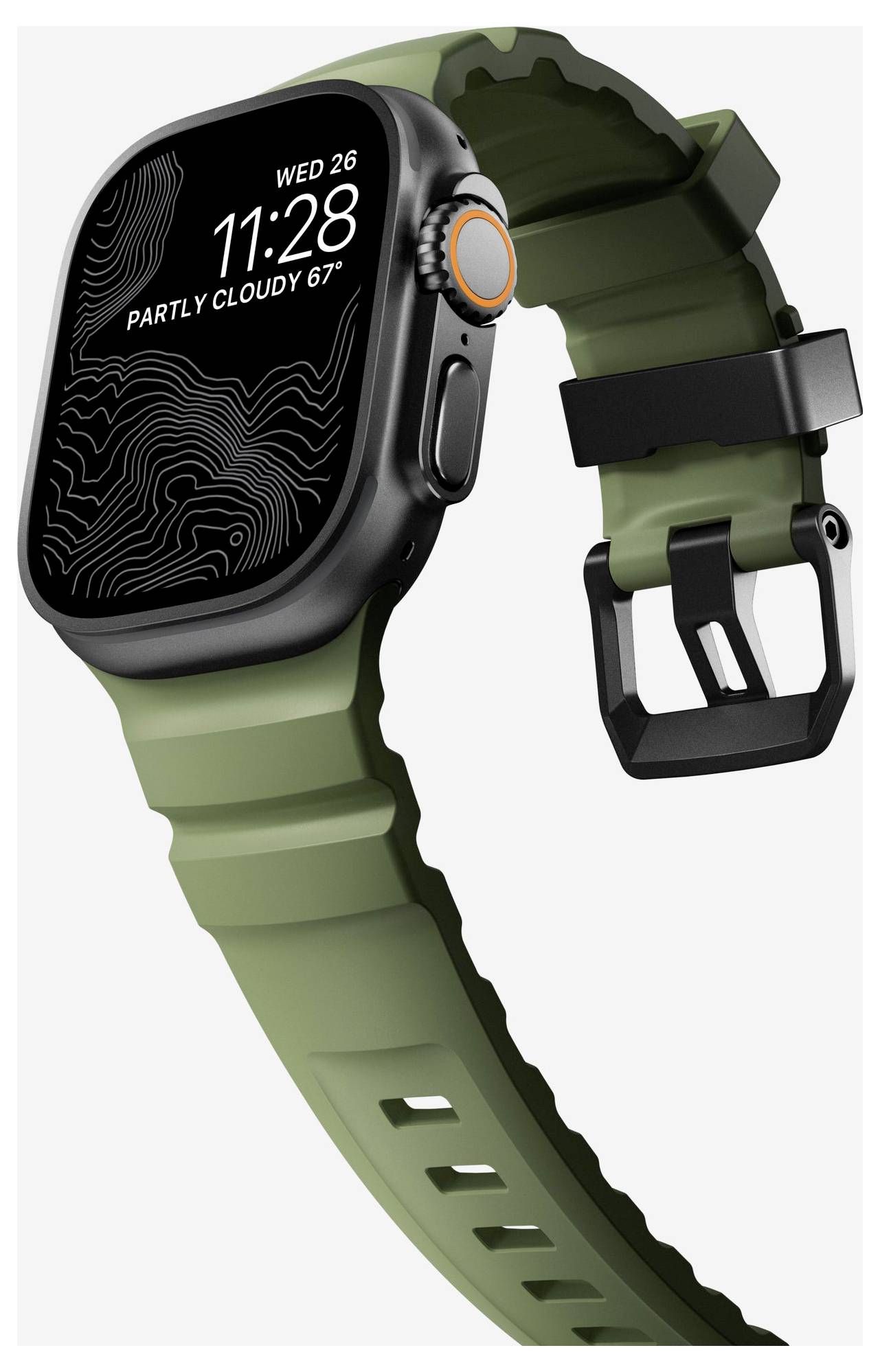 Olivgrüne Smartwatch mit schwarzem Gehäuse und Schnallenstil-Armband auf weißem Hintergrund.