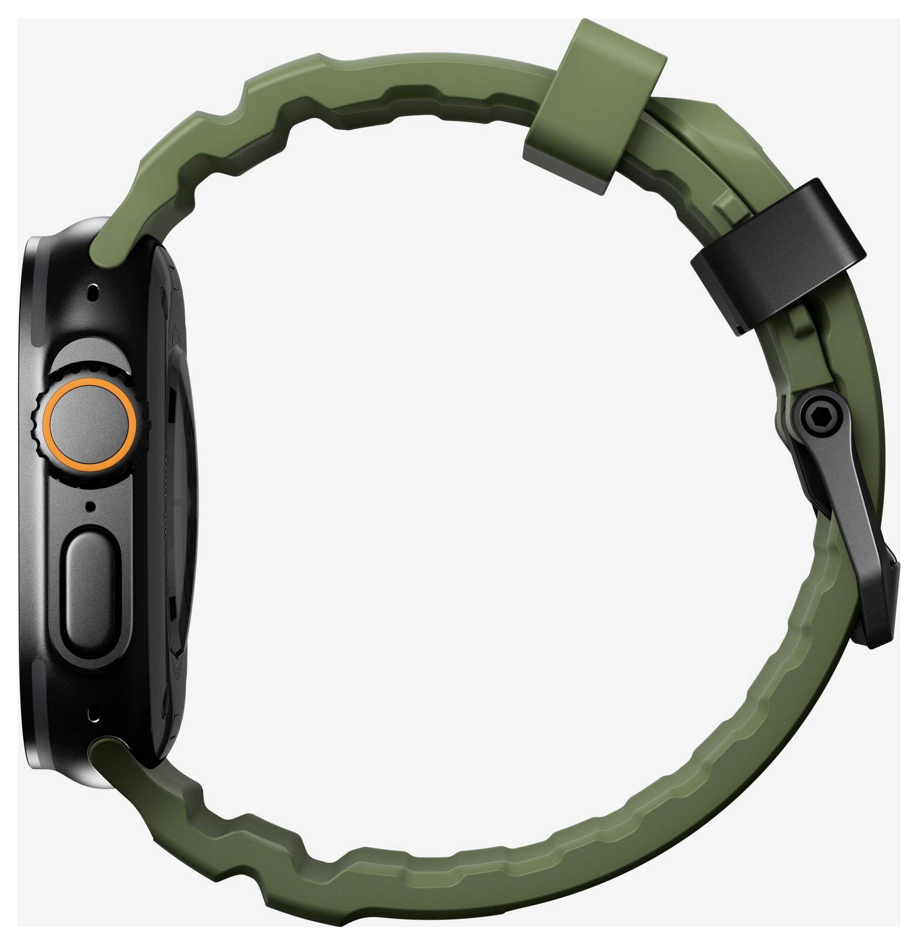 Grüne Smartwatch mit schwarzem Zifferblatt und orange akzentuierter Seitentaste auf einem robusten olivefarbenen Armband, auf weißem Hintergrund abgebildet.