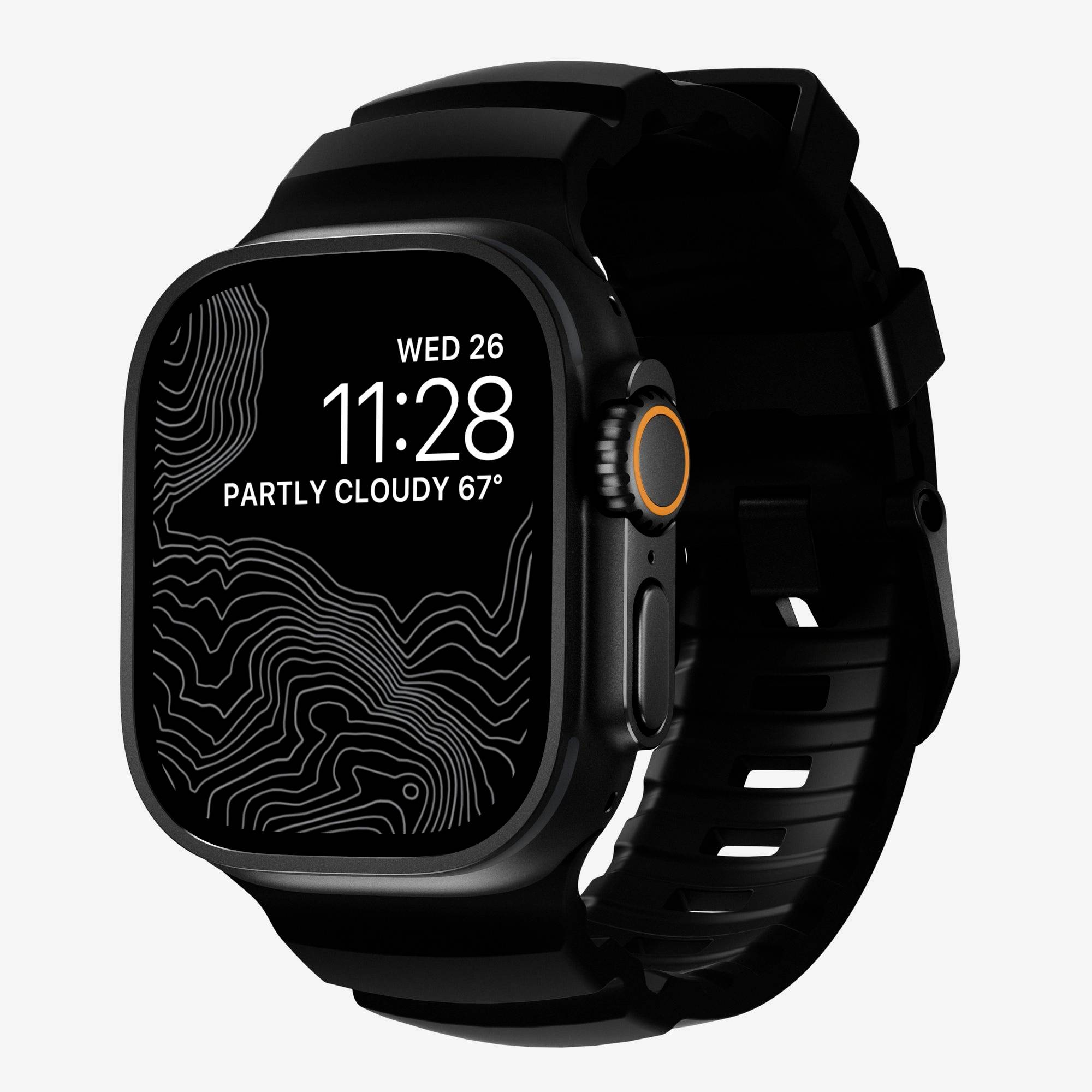 Schwarze Smartwatch mit quadratischem Zifferblatt, das 11:28, MITTWOCH 26 und 