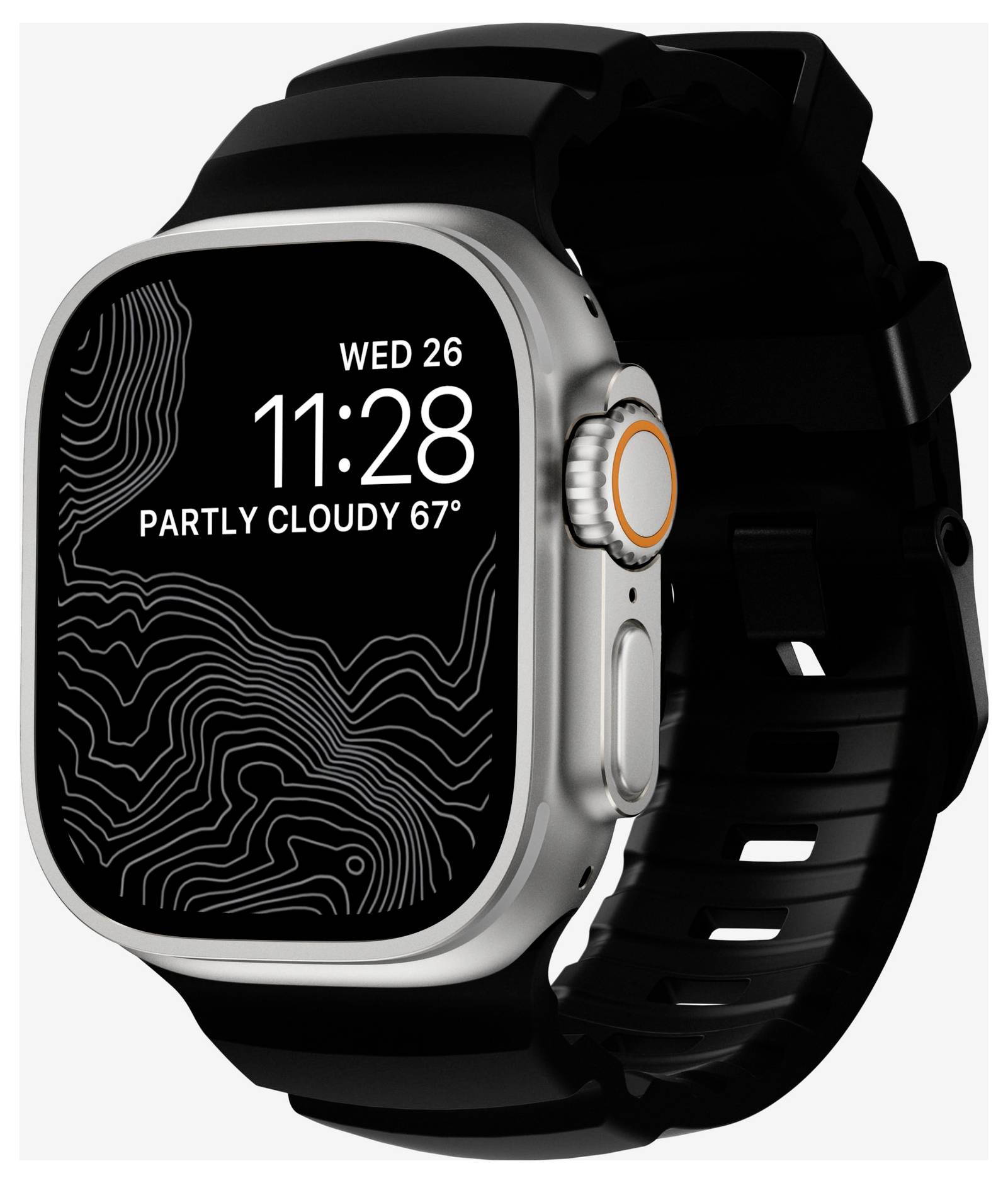 Schwarze Smartwatch mit silbernem Gehäuse zeigt auf einem topografischen Zifferblatt „WED 26", 11:28 und „TEILWEISE BEWÖLKT 67°" an.