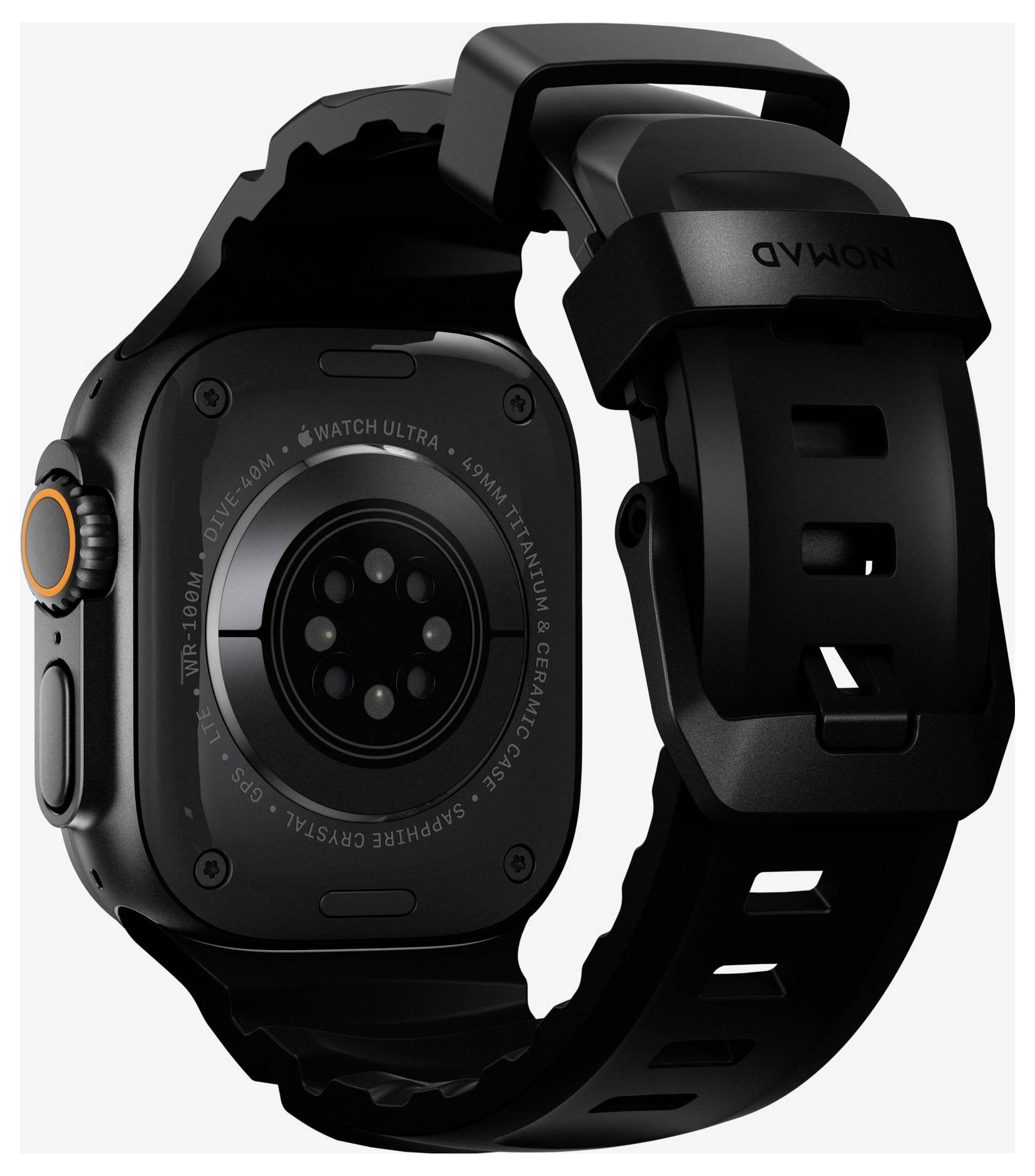 Schwarze Apple Watch Ultra von hinten gezeigt, mit robustem Gehäuse, freigelegten Sensoren und orangefarbig akzentuierter Krone.