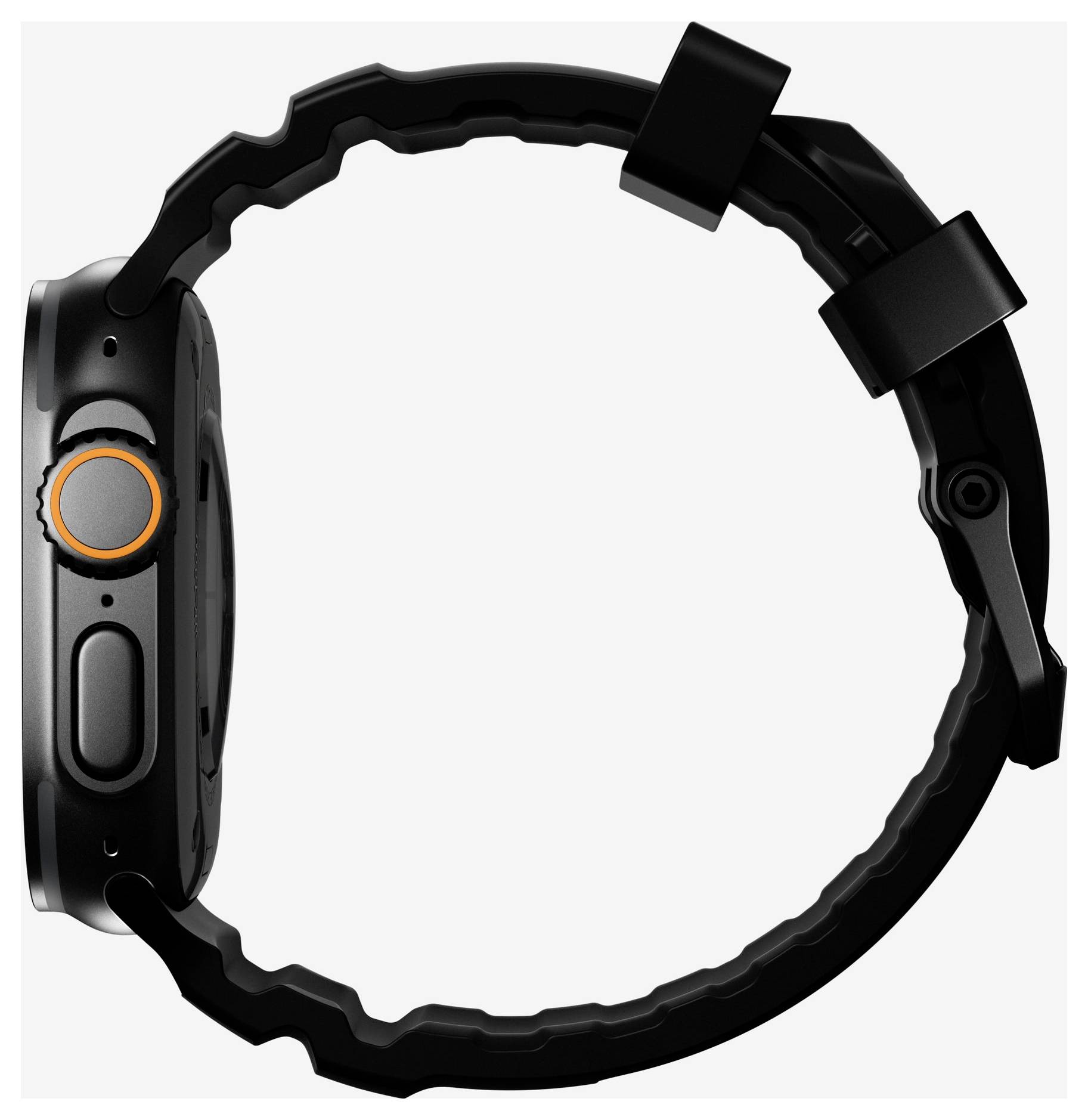 Schwarze Smartwatch in Seitenansicht mit rundem Zifferblatt und strukturiertem Gummiarmband auf weißem Hintergrund.