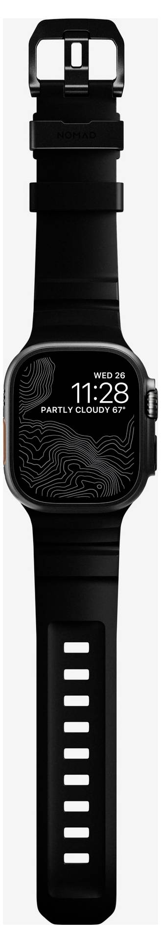 Schwarze Smartwatch mit schwarzem Armband und digitalem Display, das 11:28 Uhr, Mittwoch 25. Juli und teilweise bewölktes Wetter anzeigt.