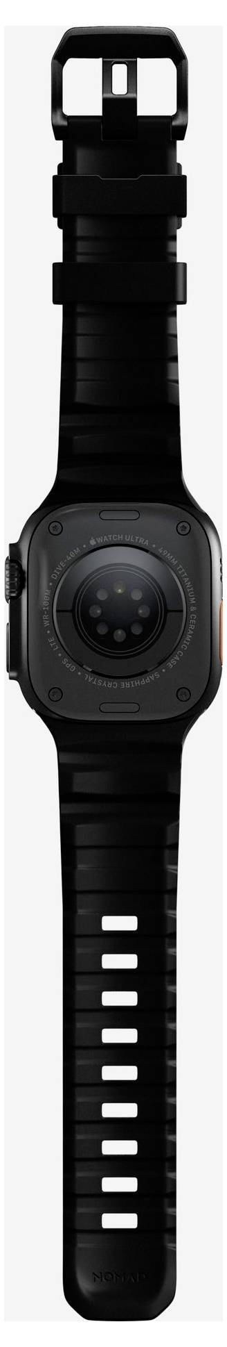 Schwarze robuste Smartwatch mit rundem Zifferblatt und schwarzem Armband, Vorderansicht auf weißem Hintergrund.