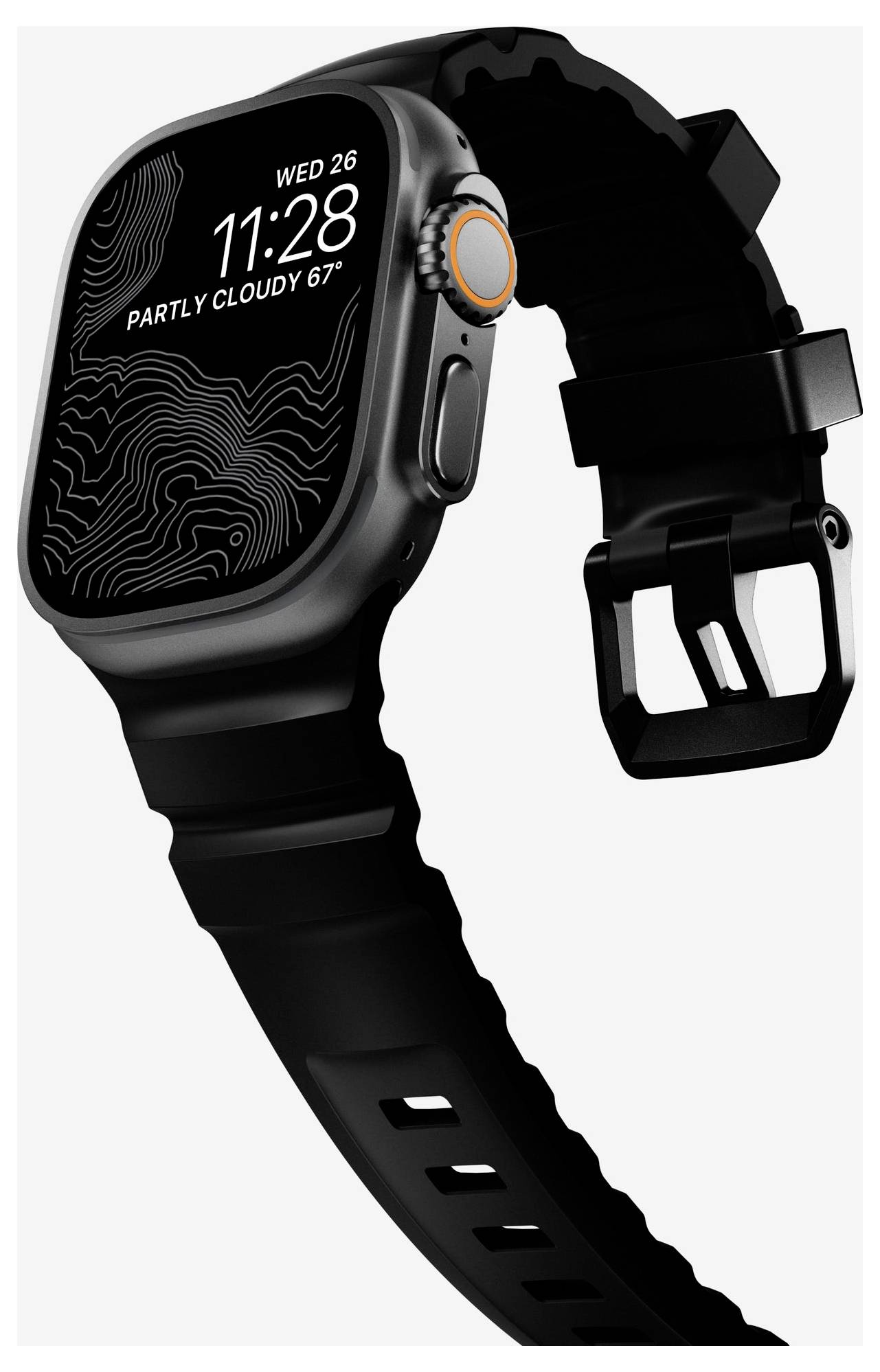 Schwarze Smartwatch mit rechteckigem Display, das „WED 26", „11:28" und „PARTLY CLOUDY 67°" anzeigt, angewinkelt, um die Seitentaste und die Riemenschnalle zu zeigen.