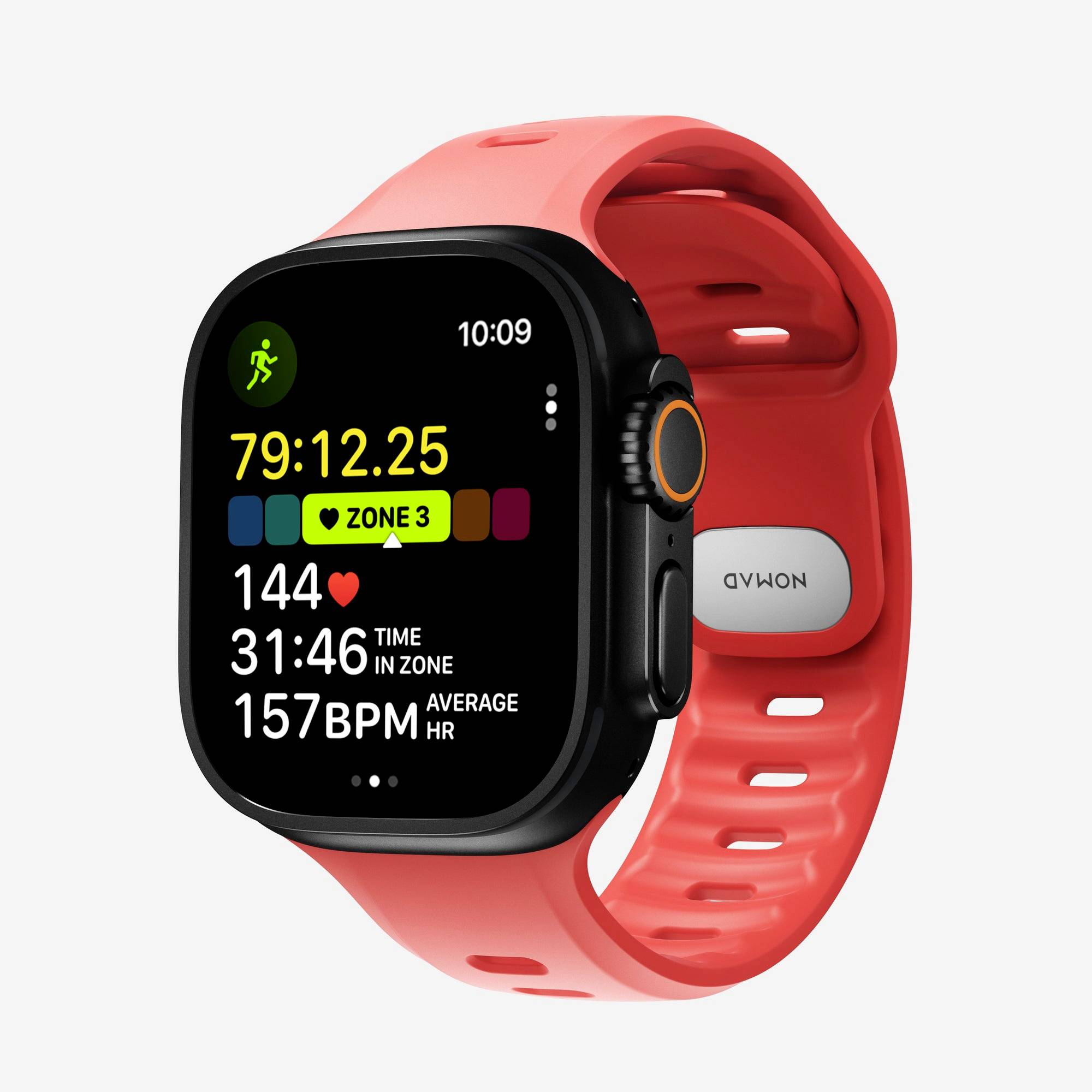 Rote Smartwatch mit schwarzem quadratischem Display, das Trainingsstatistiken anzeigt, Uhrzeit 10:09, Zone 3, Herzfrequenz 144 und durchschnittliche Herzfrequenz 157 BPM.