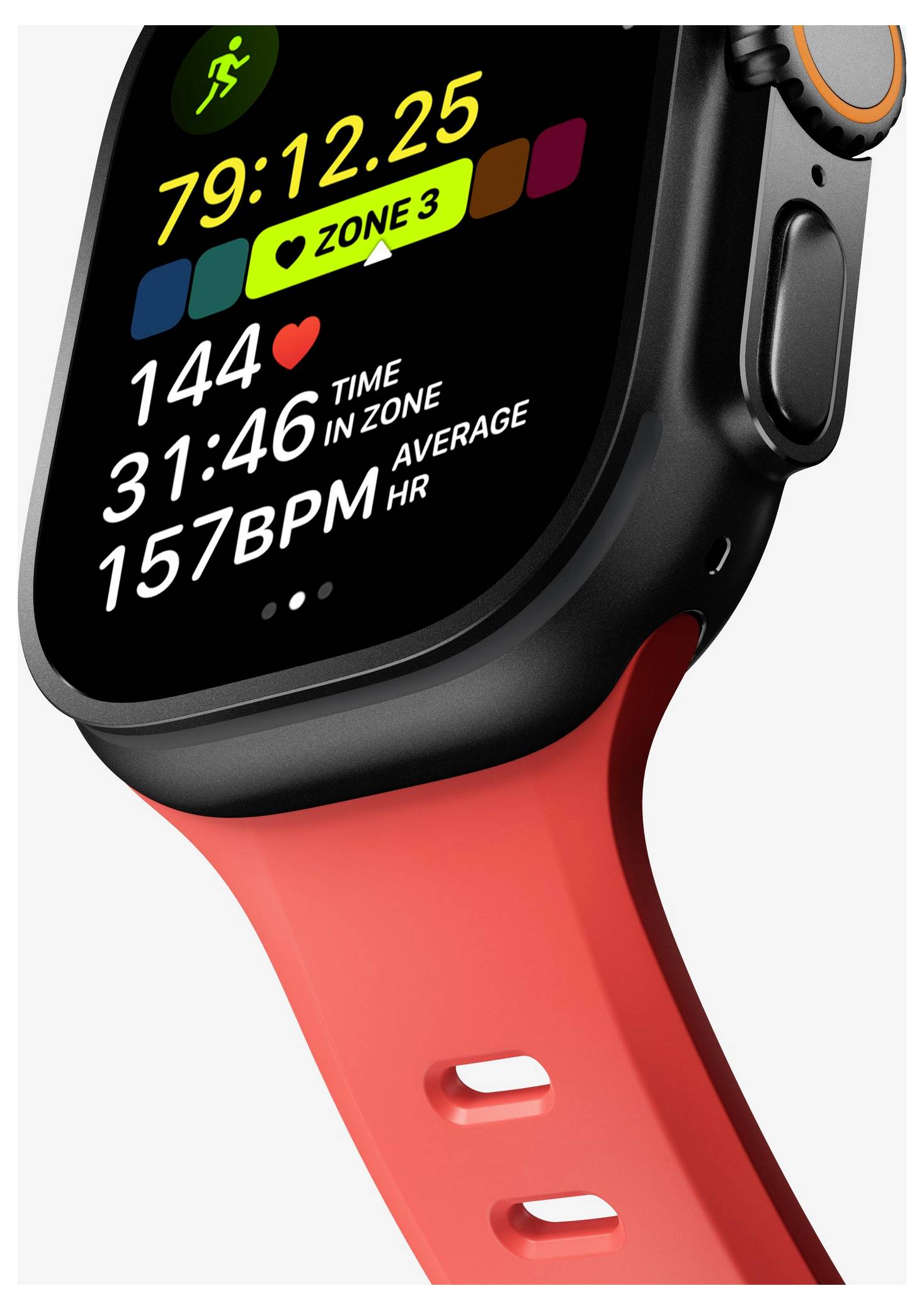 Nahaufnahme einer Smartwatch, die Trainingsstatistiken anzeigt: 79:12.25, Zone 3, Herzfrequenz 144, 31:46 Zeit in der Zone und durchschnittliche Herzfrequenz 157 BPM.