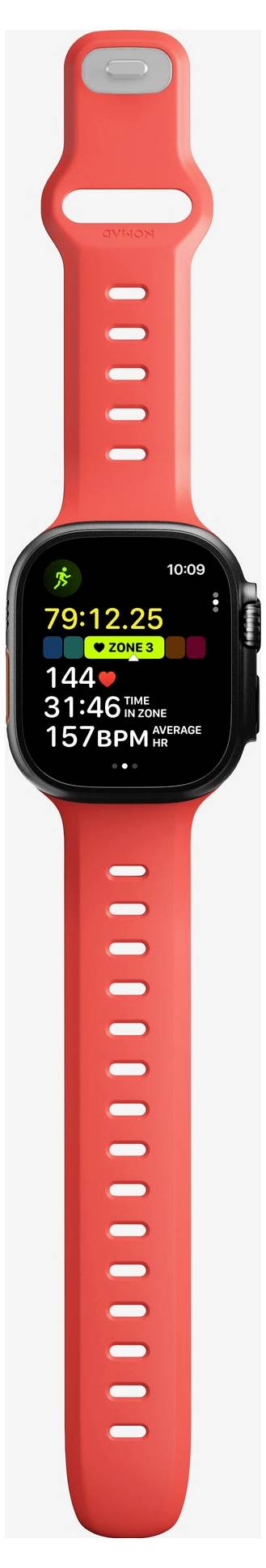 Rote Smartwatch mit korallenfarbenem Band, das einen Trainingsbildschirm mit der Zeit 79:12:25, einer Distanz von 144 und einer Herzfrequenz von 157 BPM anzeigt.