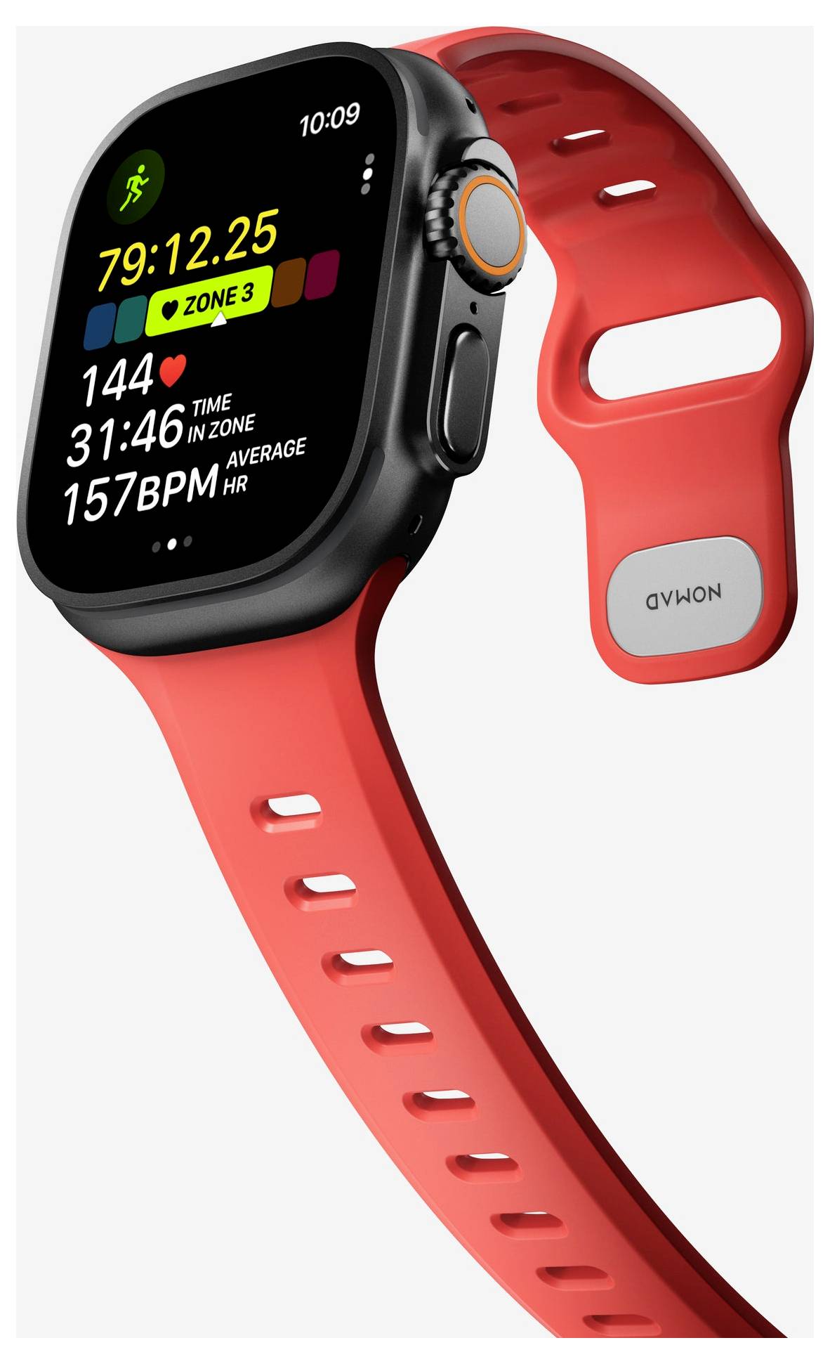 Rote Smartwatch mit schwarzem quadratischem Display, das einen Trainingsbildschirm anzeigt: 79:12.25, Zone 3, 144 bpm Herzfrequenz und 31:46 Durchschnittszeit.