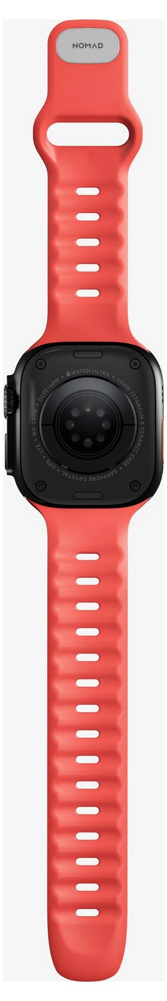 Rote Smartwatch-Armband und Gehäuse von vorne gezeigt, mit kreisförmigem schwarzem Zifferblatt und leuchtendem roten perforiertem Armband.