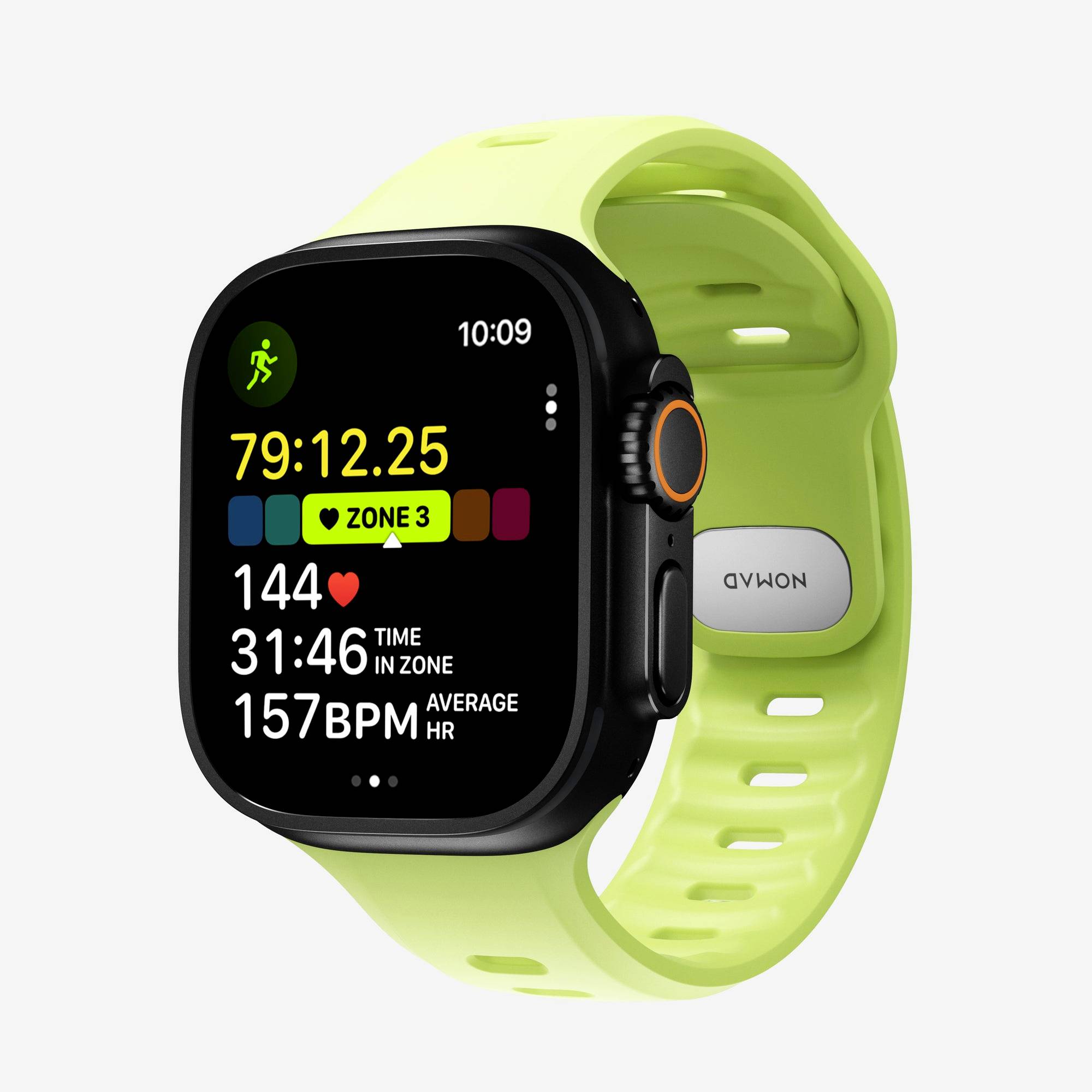 Leuchtend hellgrüne Smartwatch mit schwarzem Display, das Trainingsstatistiken anzeigt, einschließlich der Uhrzeit 10:09, Herzfrequenz 144 BPM und der Laufaktivität „ZONE 3