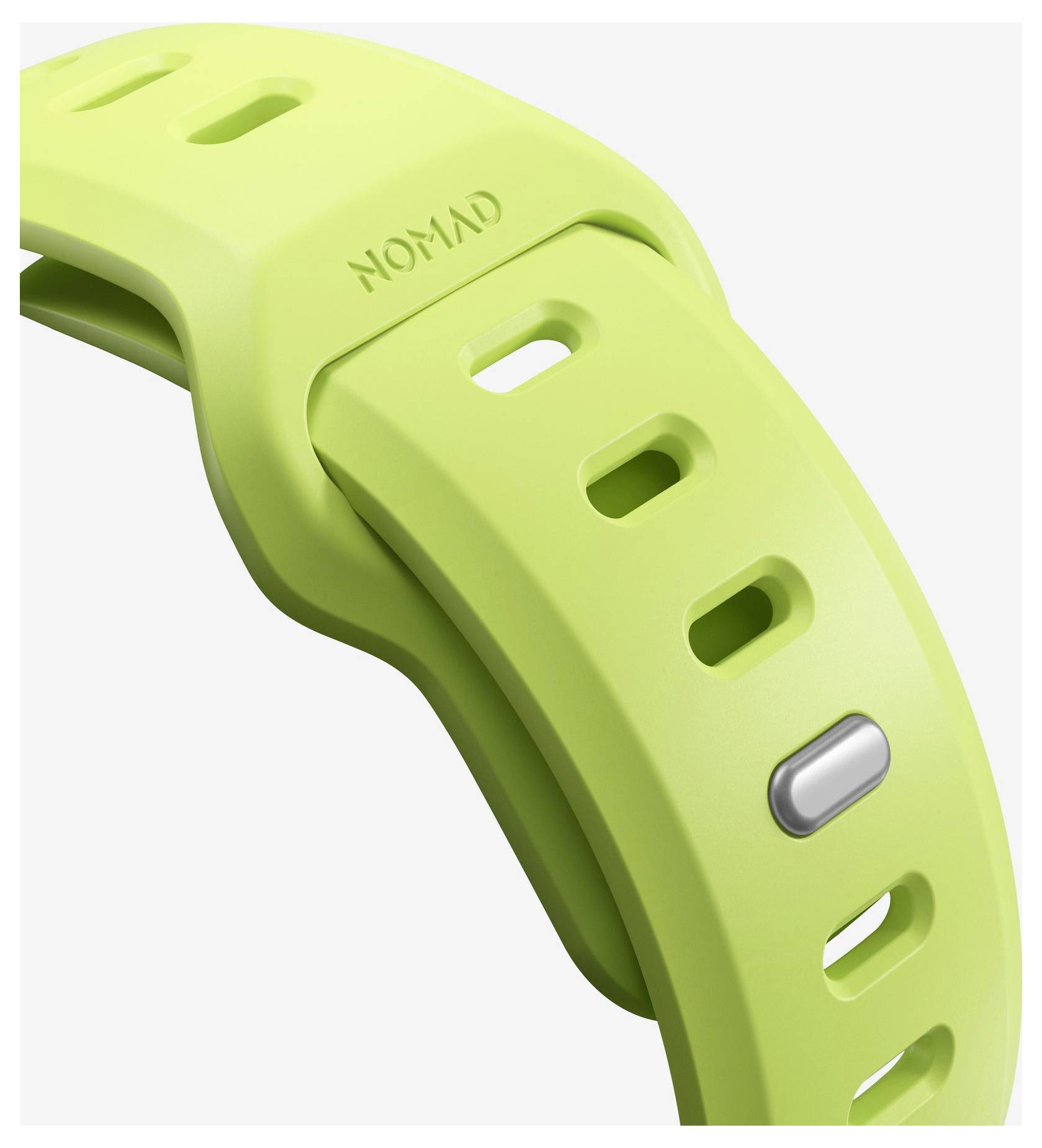 Nahaufnahme eines limonengrünen Uhrenarmbands mit mehreren Einstellungslöchern und einer Metallschließe, gezeigt auf weißem Hintergrund.