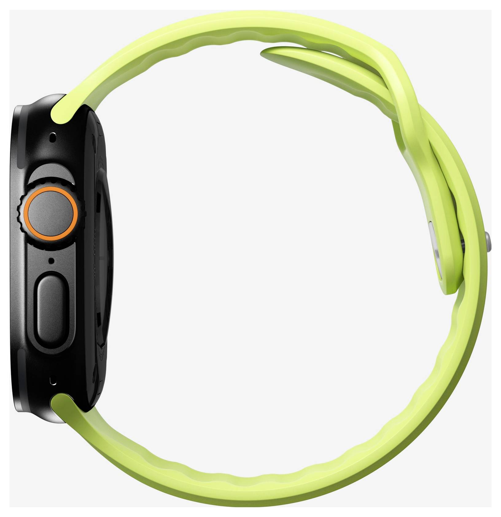 Schwarze Fitness-Smartwatch mit limetten-grünem Sportarmband, shown in Seitenansicht auf weißem Hintergrund.