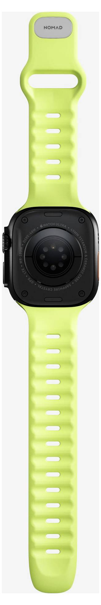 Limonengrüne Smartwatch mit schwarzem quadratischem Zifferblatt und perforiertem Silikonarmband, Vorderansicht auf weißem Hintergrund.