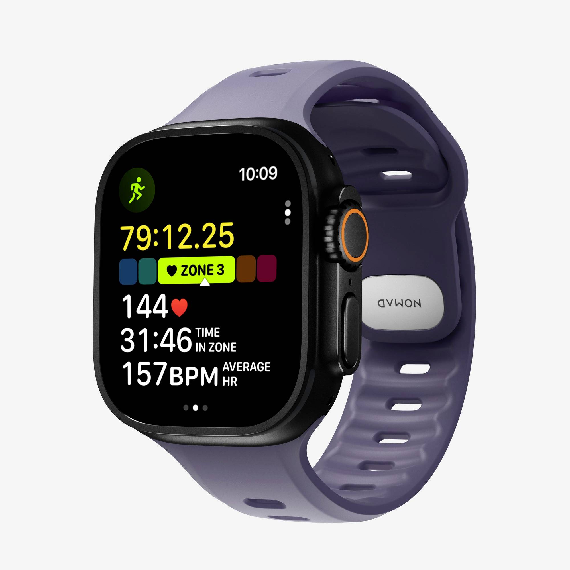 Violette intelligente Fitness-Uhr mit Trainingsstatistiken auf schwarzem Display, darunter 79:12.25, Zone 3, Herzfrequenz 144 und durchschnittliche Herzfrequenz von 157 BPM.