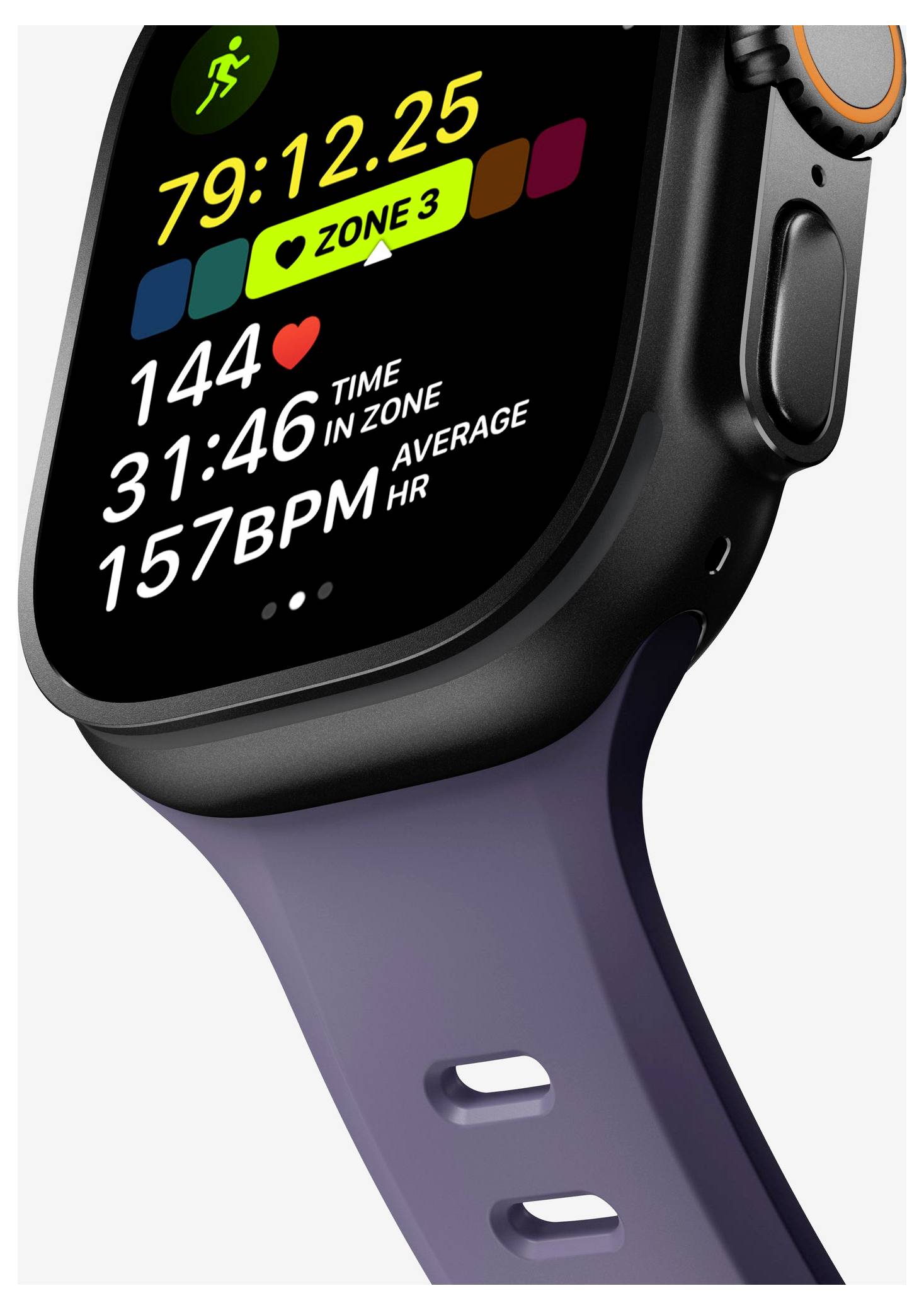 Nahaufnahme einer Smartwatch mit Trainingsstatistiken: 79:12.25 Zeit, „ZONE 3", Herzfrequenz 144, 31:46 Zeit in Zone und durchschnittliche Herzfrequenz 157 BPM.