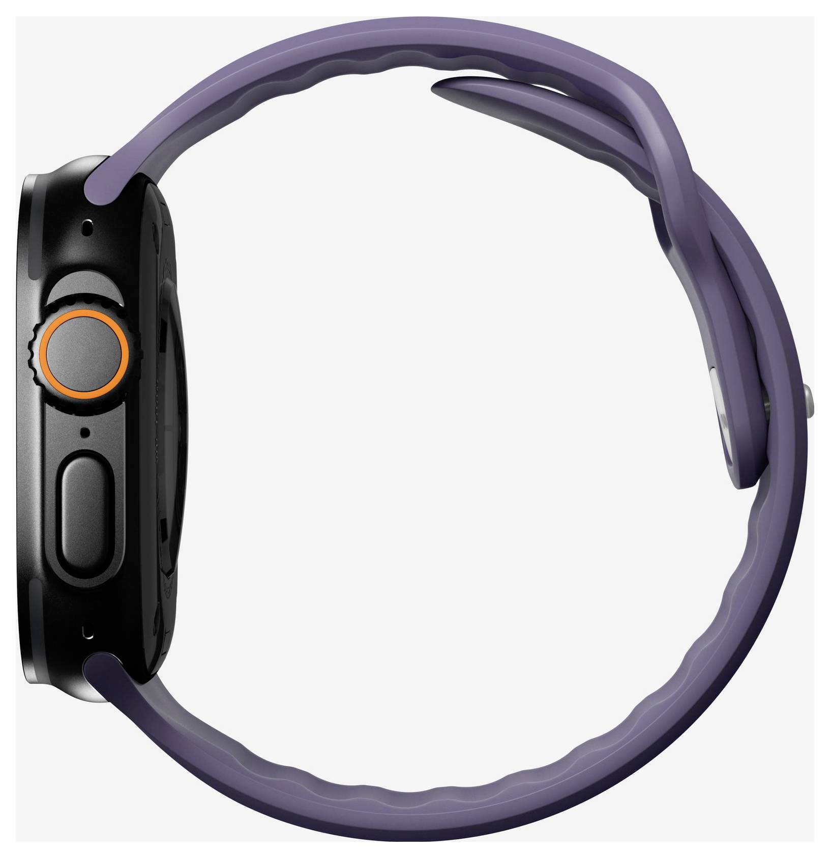 Seitenansicht einer schwarzen Smartwatch mit violettem Armband, das ein orangefarbenes seitliches Knopffeld auf einfachem, hellem Hintergrund zeigt.