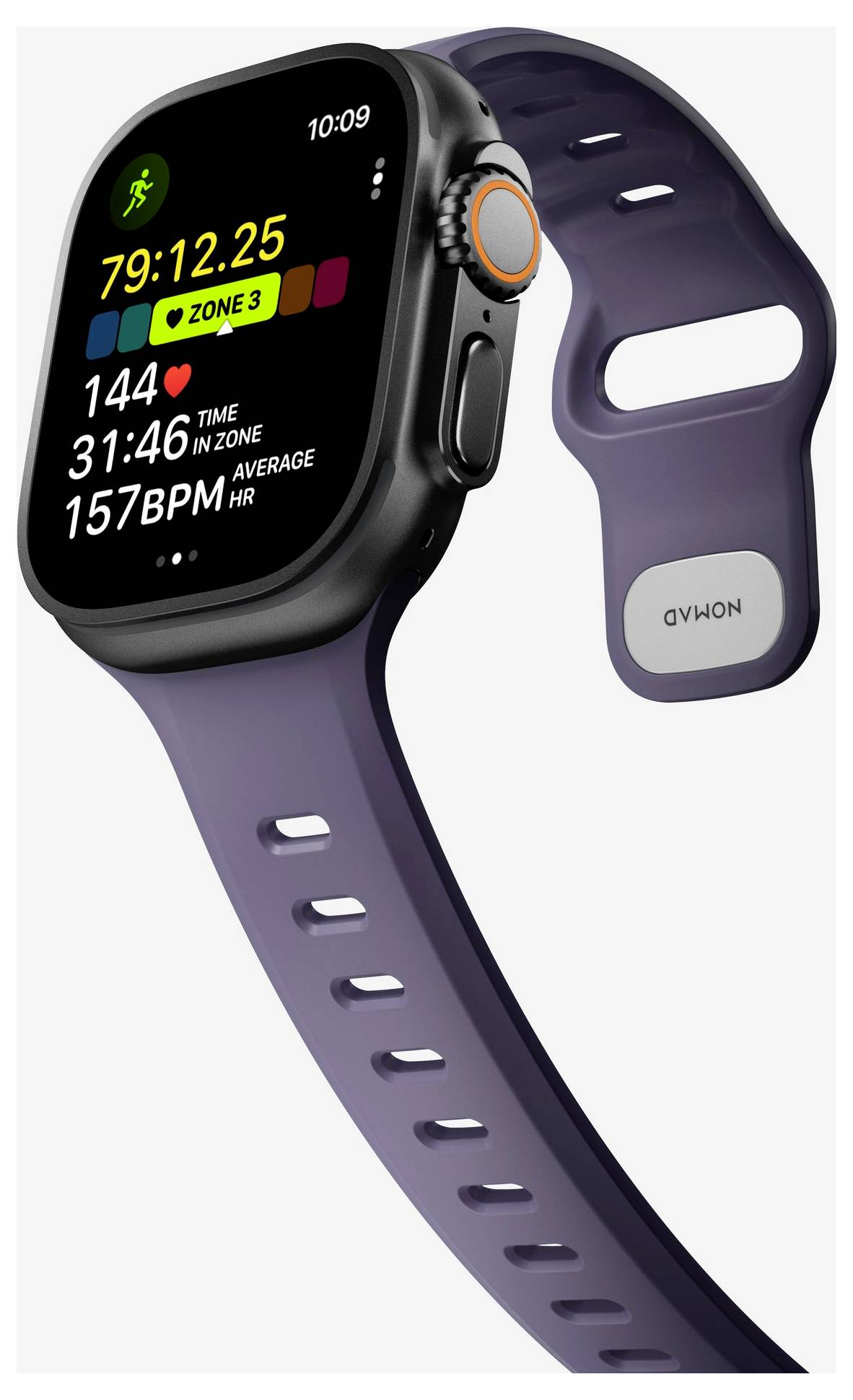Lila Smartwatch mit Trainingsbildschirm, der Zeit, Tempo, Kalorien und Herzfrequenz anzeigt, mit schwarzem Gehäuse und lila Band.