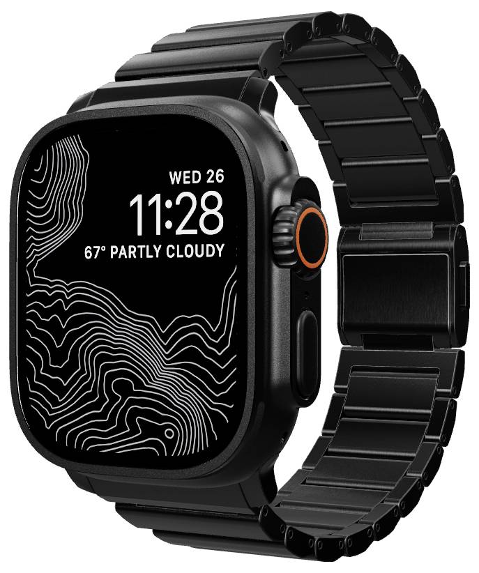 Schwarze Smartwatch mit rechteckigem Displaygesicht, das 11:28, MI 26 und 67° bei teilweise bewölktem Himmel anzeigt, an einem schwarzen Metallgliedband.