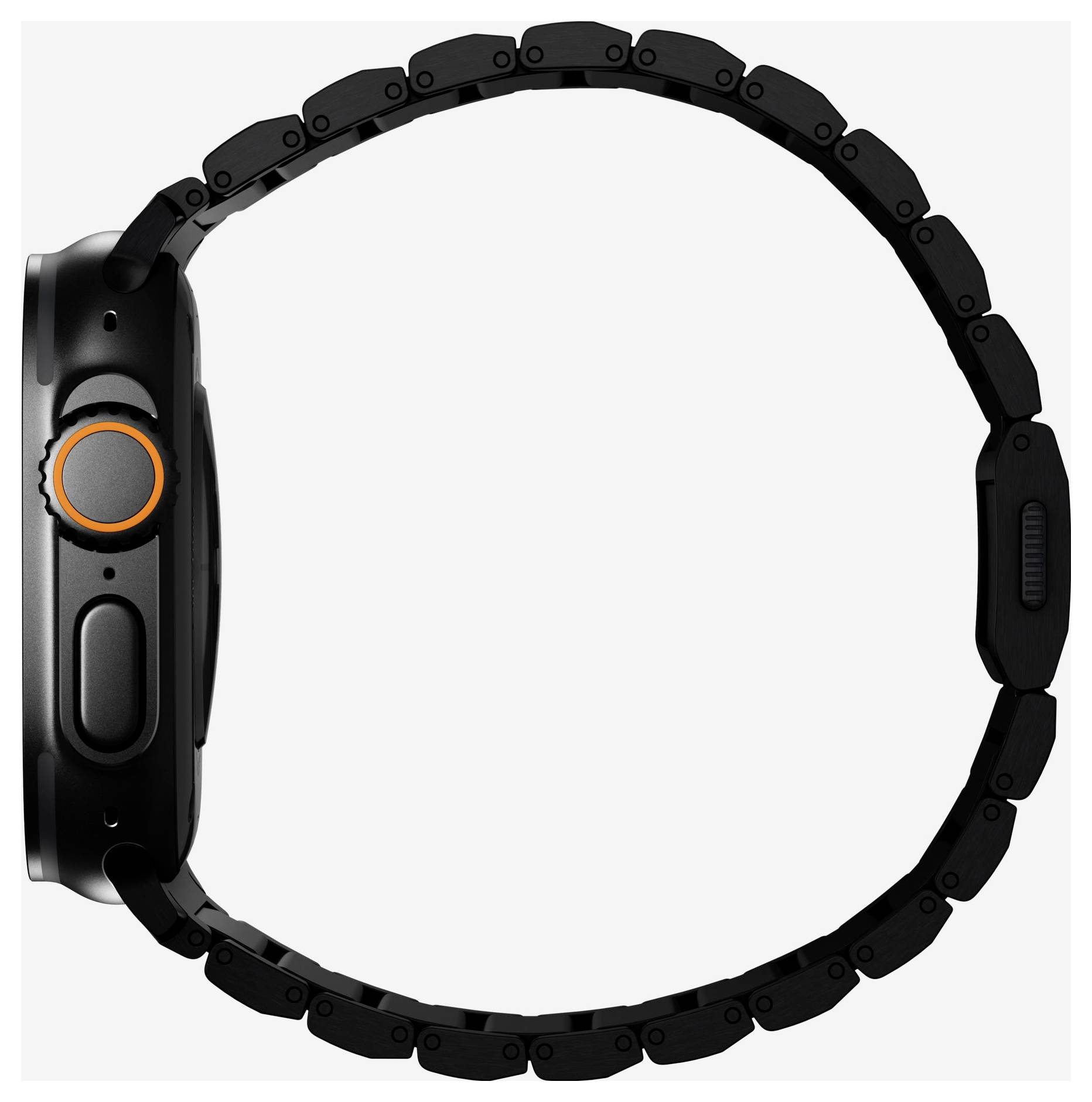 Schwarze Smartwatch mit segmentiertem Kettenarmband, dargestellt in Seitenansicht auf weißem Hintergrund.