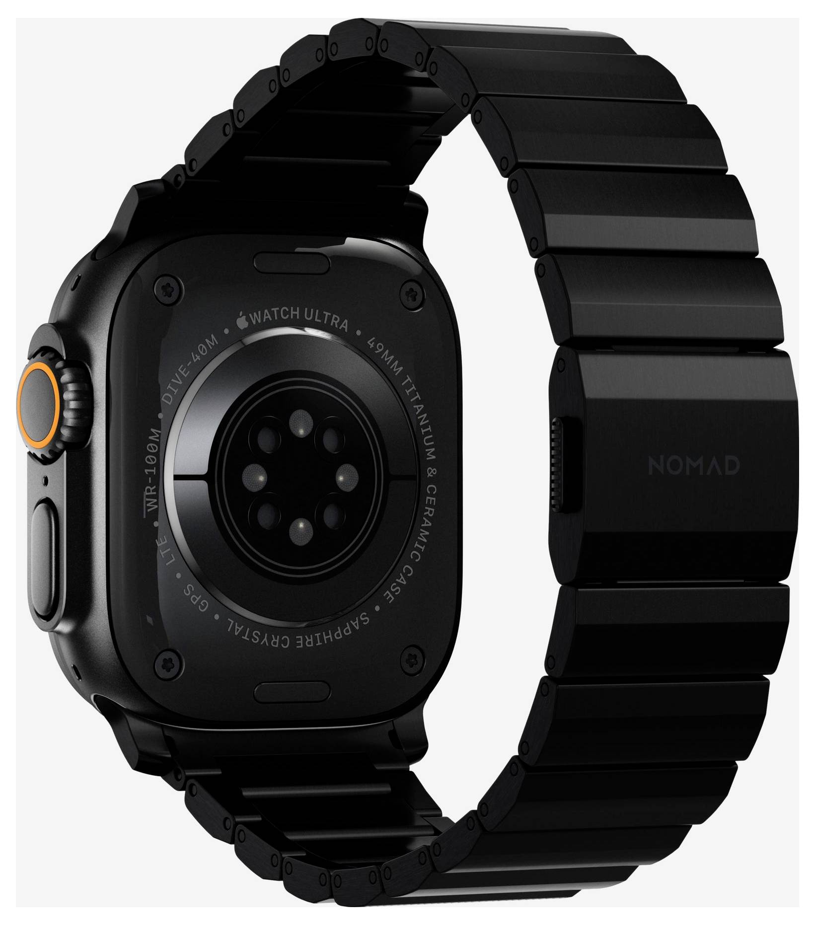 Schwarze Apple Watch Ultra mit schwarzem Metallarmband, von hinten und von der Seite auf weißem Hintergrund gezeigt.