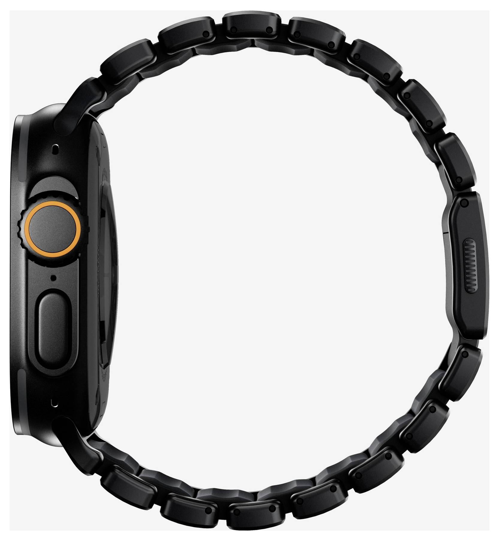 Schwarze Smartwatch in Seitenansicht mit metallisch gestalteter Gliederkette und hervorgehobenem orangem Seitenknopf auf weißem Hintergrund.