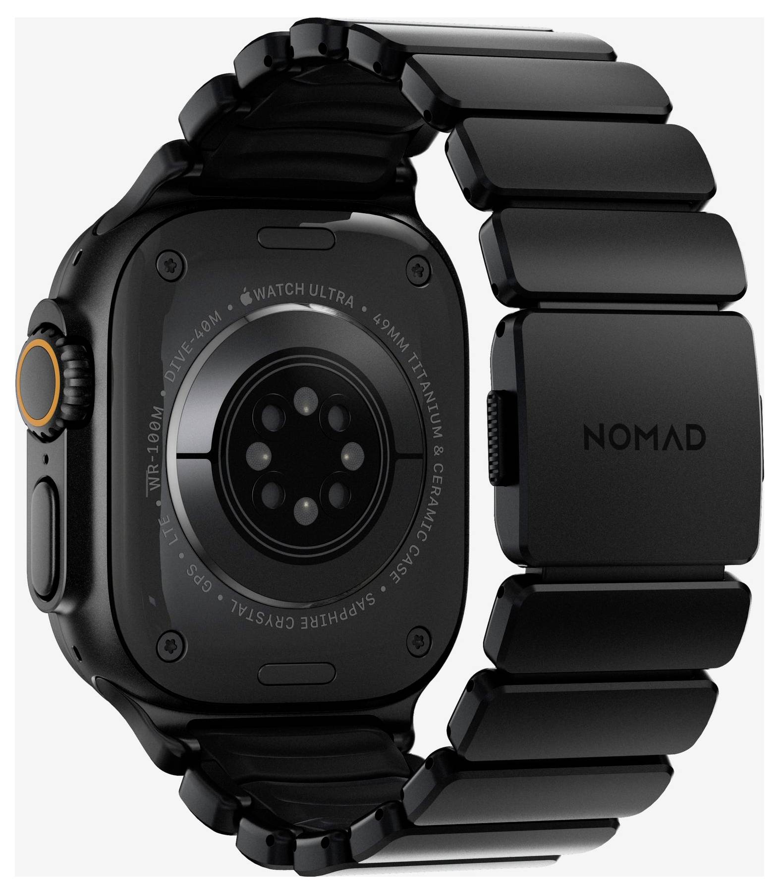 Schwarze Apple Watch Ultra von hinten gezeigt mit schwarzem Nomad-Armband, das Gehäuse, Sensoranordnung und robustes Design hervorhebt.