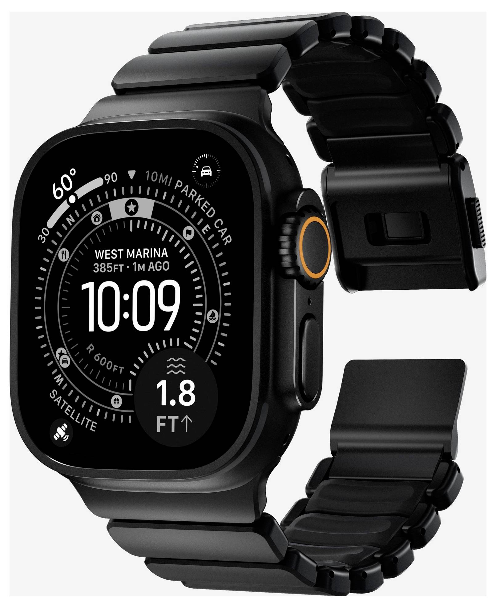 Schwarze Smartwatch mit rechteckigem Zifferblatt und austauschbarem Armband, gezeigt mit eingeschaltetem Bildschirm, der digitale Uhrzeit, Standort und kompassähnliche Details anzeigt.