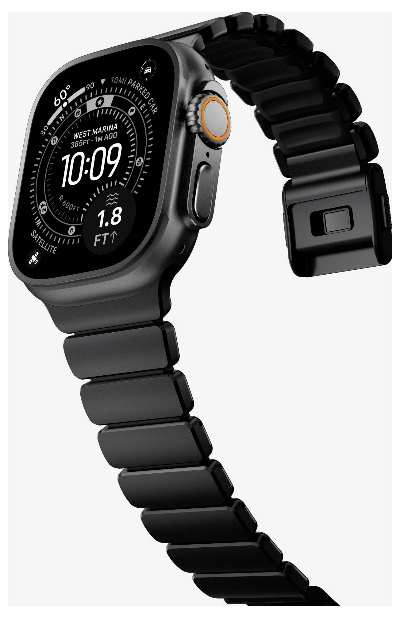 Schwarze robuste Smartwatch mit schwarzem Armband, zeigt ein digitales Taucheruhr-Zifferblatt und seitliche Krone/Taste.
