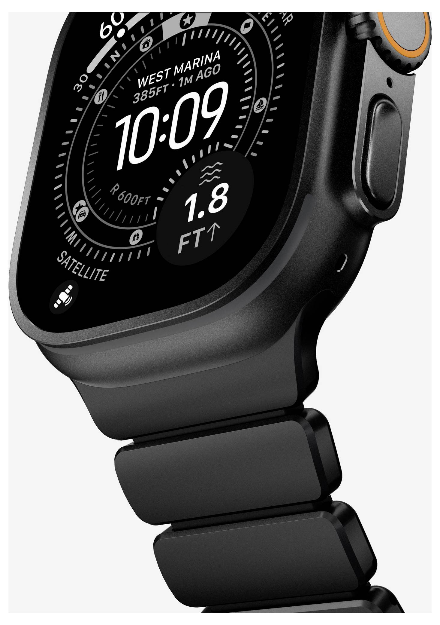 Schwarze Smartwatch mit robustem Armband, digitales Zifferblatt zeigt 10:09 Uhr, "WEST MARINA 385FT 1M AGO" und "1.8 FT" Gezeitendaten