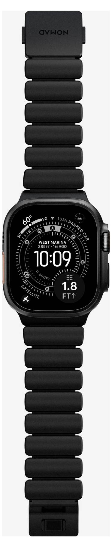 Schwarze Garmin-Smartwatch mit rundem Gehäuse und schwarzem Silikonarmband, zeigt ein Fitness-Zifferblatt mit 10:09 und 1,8 ft an.