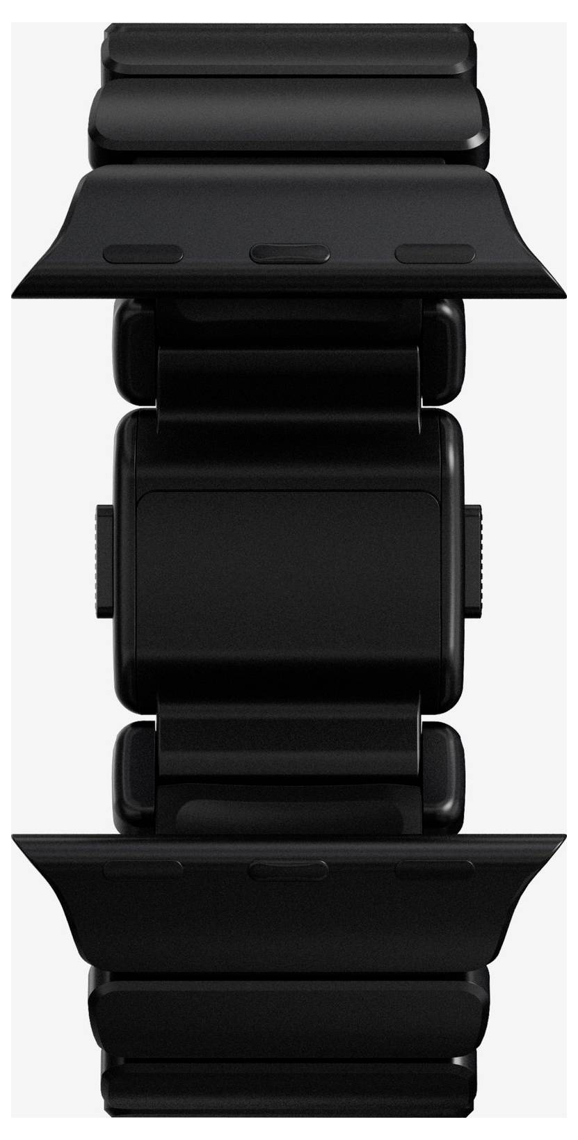 Schwarze Smartwatch mit schlankem rechteckigem Display und passendem schwarzem Armband, Vorderansicht auf weißem Hintergrund.