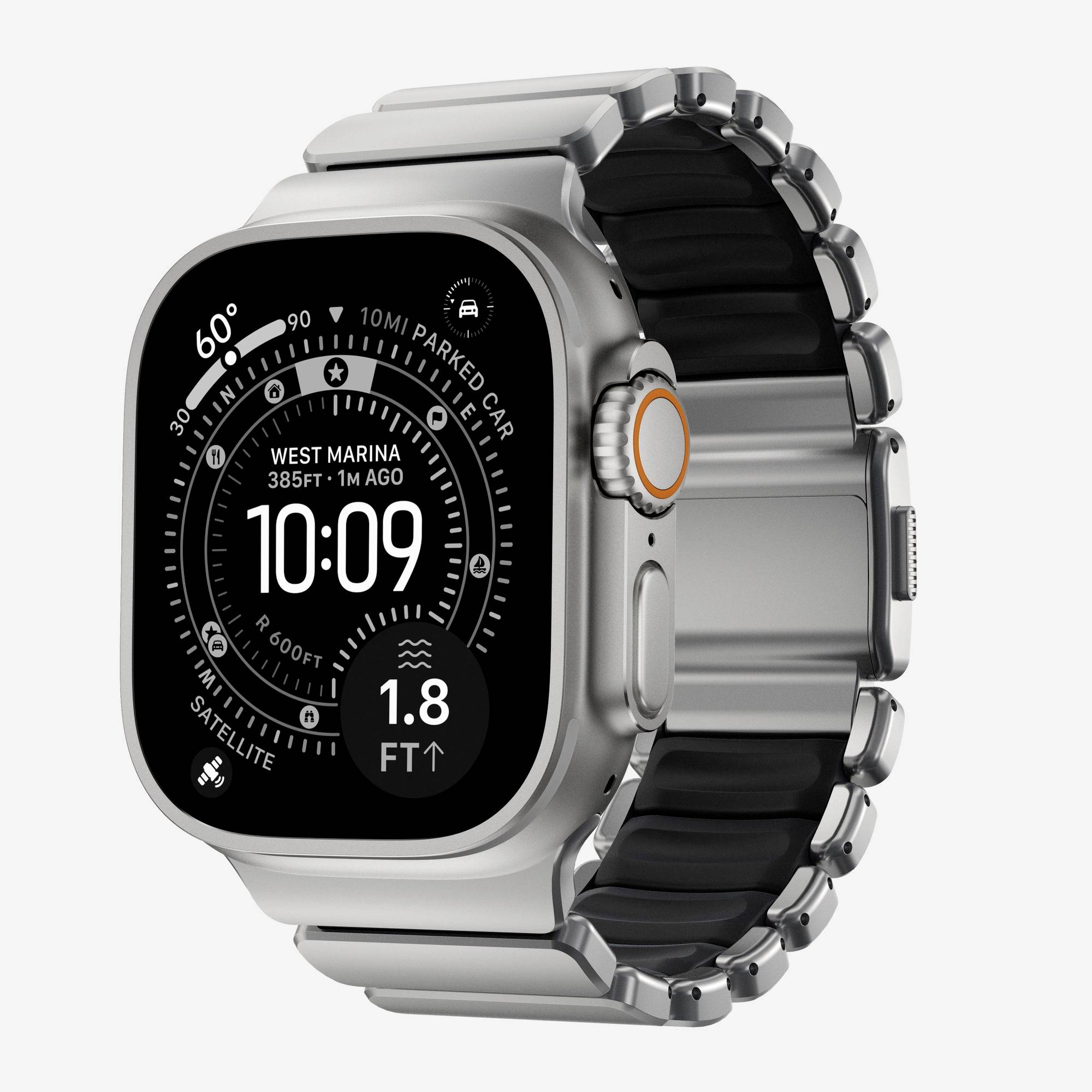 Silberne Smartwatch mit schwarzem Armband, das ein kompass-ähnliches Zifferblatt zeigt, Zeit 10:09, Temperatur 60°, Ort West Marina und Höhe 1,8 Fuß.