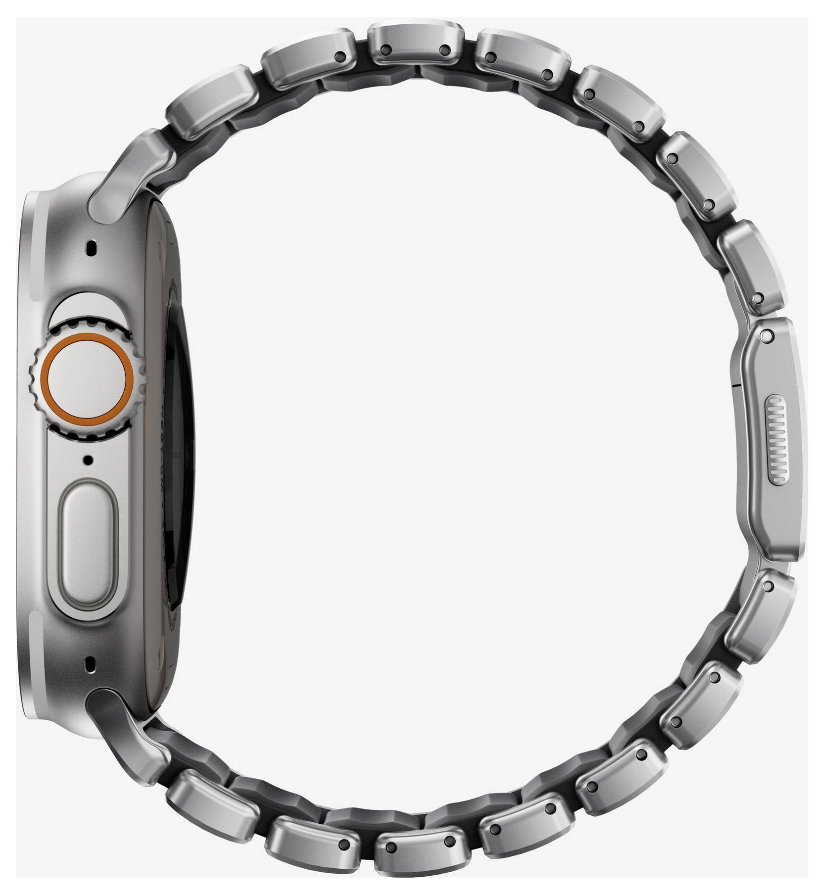 Seitenansicht einer silbernen Smartwatch mit Metallgliedband, das Gehäuse, die Krone und das Armband auf weißem Hintergrund zeigend.