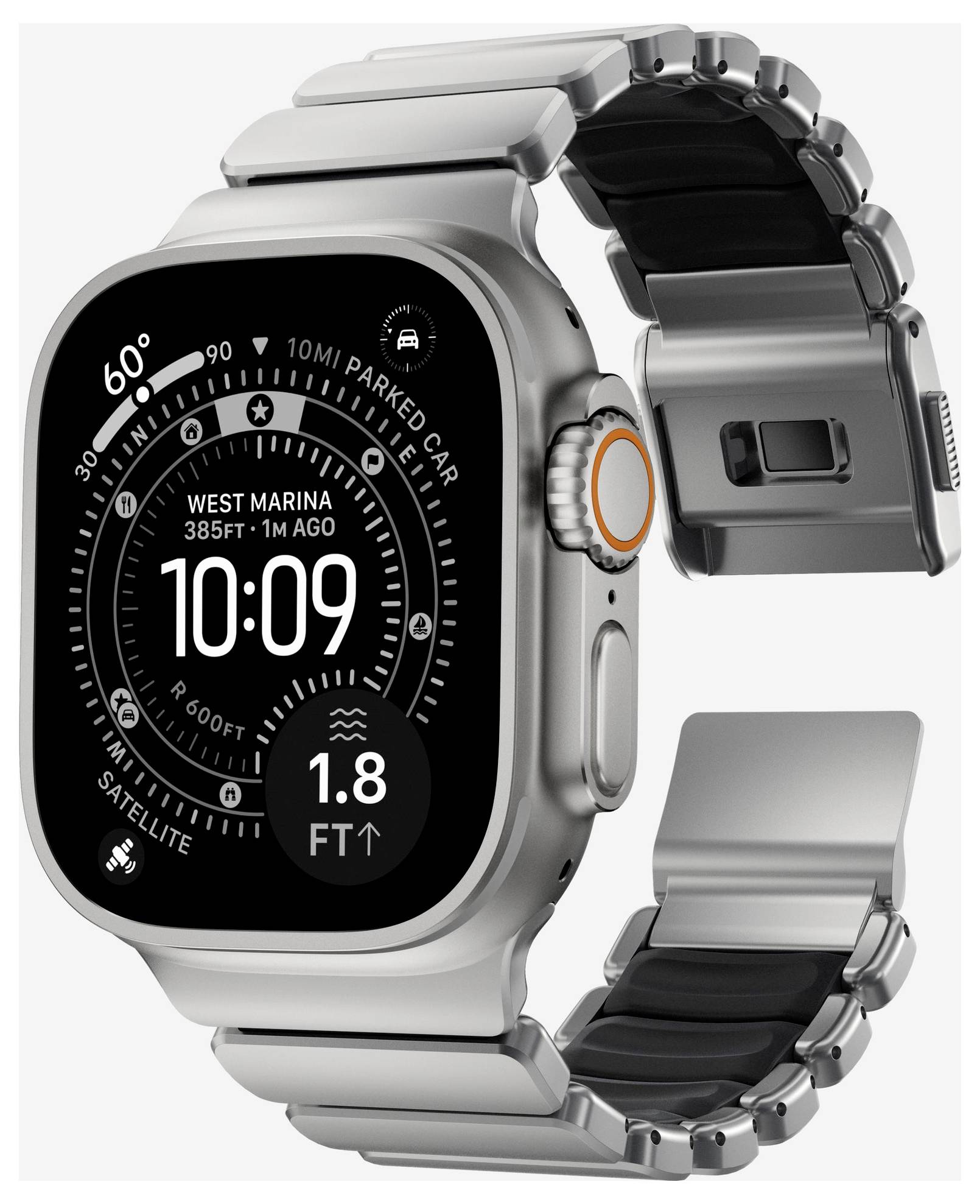 Silberne Apple Watch mit Metallgliedband, die ein Kompass-/Navigationszifferblatt mit Anzeigen von 10:09, 60° und 1,8 ft zeigt.