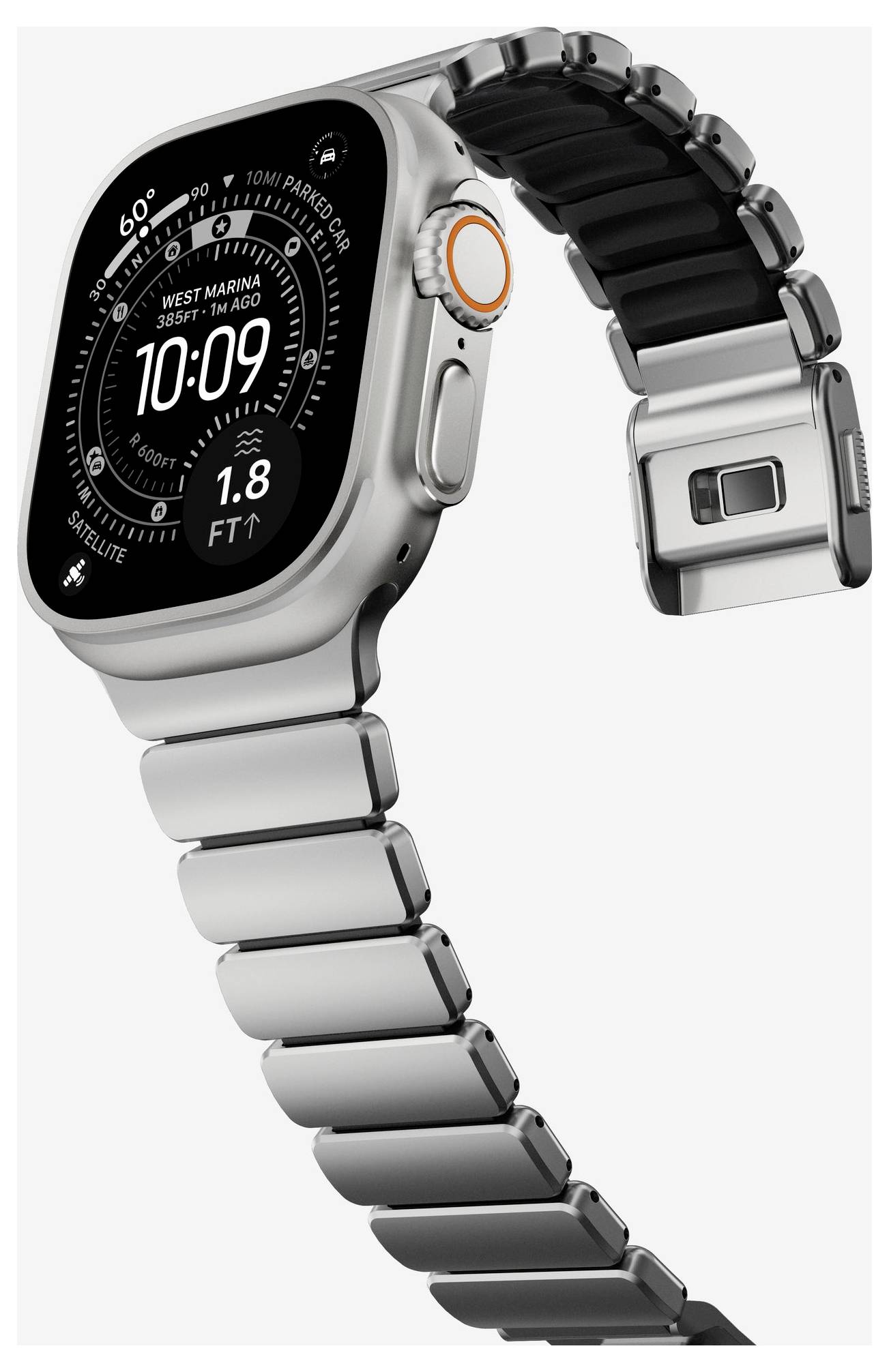 Silberne Smartwatch mit schwarzem Display und Metallgliedband, in schräger Ansicht positioniert, um die digitale Krone und das schlanke Design hervorzuheben.